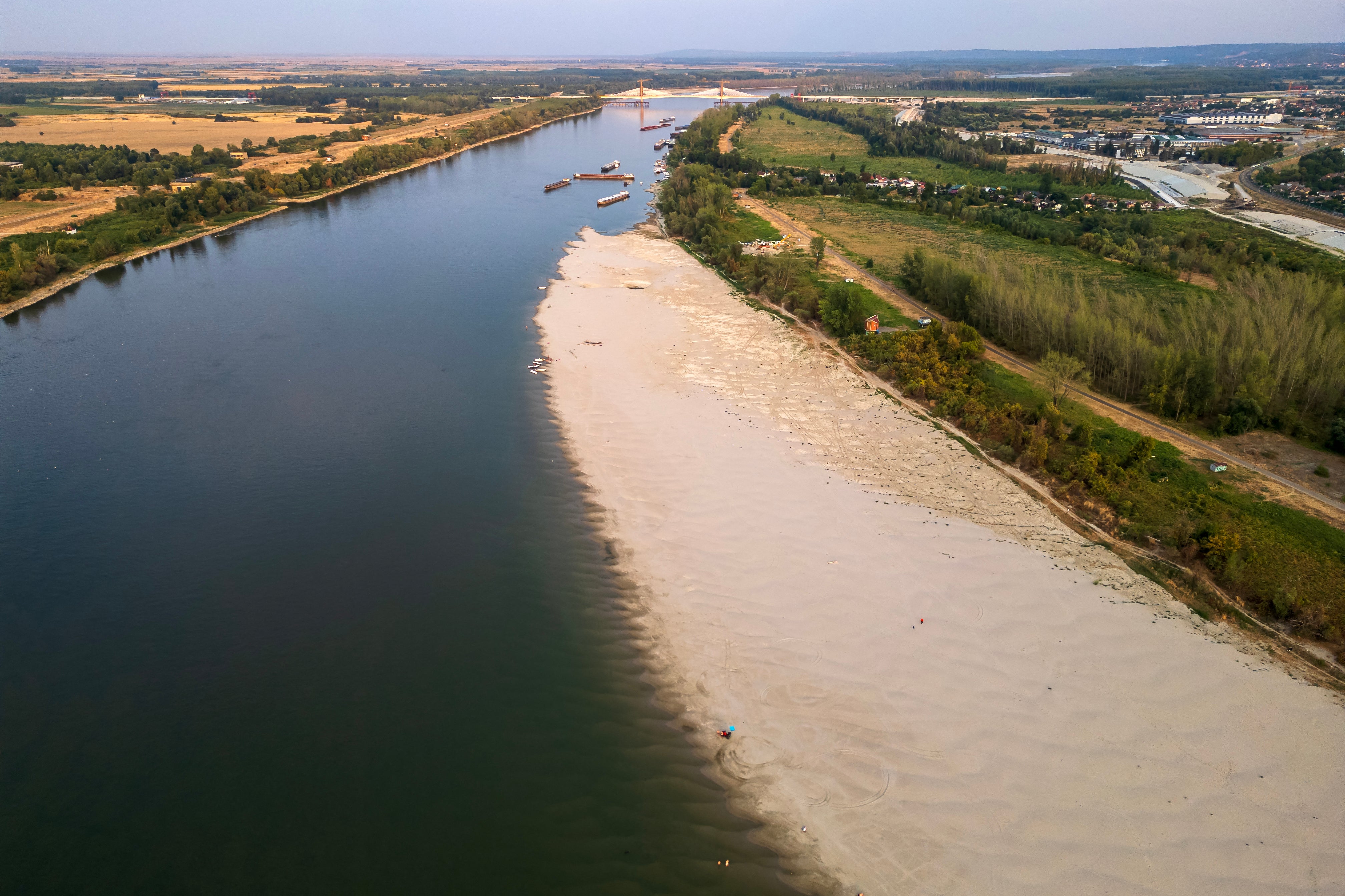 A sandbar exposed by the low water level of the Danube River near Novi Sad, Serbia, on August 7