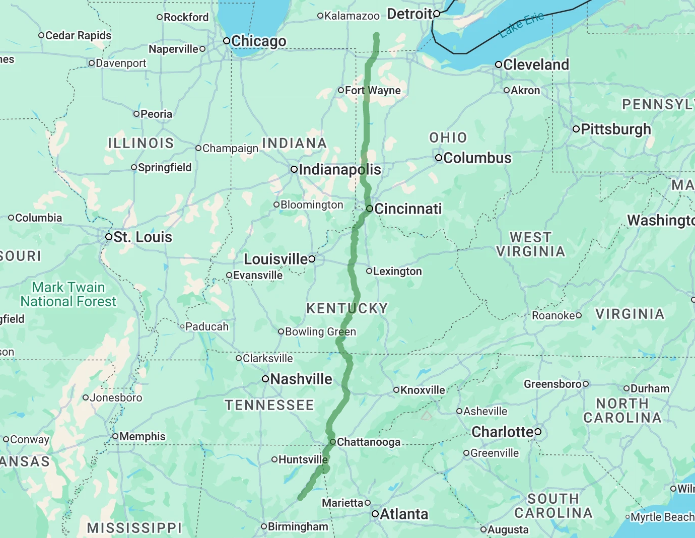 Map of the 127 Yard Sale route from Addison, Michigan, to Gadsden, Alabama