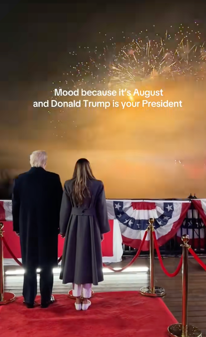 The TikTok account @TeamTrump shared a video soundtracked to the song, depicting Donald and Melania Trump standing on a balcony watching fireworks with the text: ‘Mood because it’s August and Donald Trump is your president’