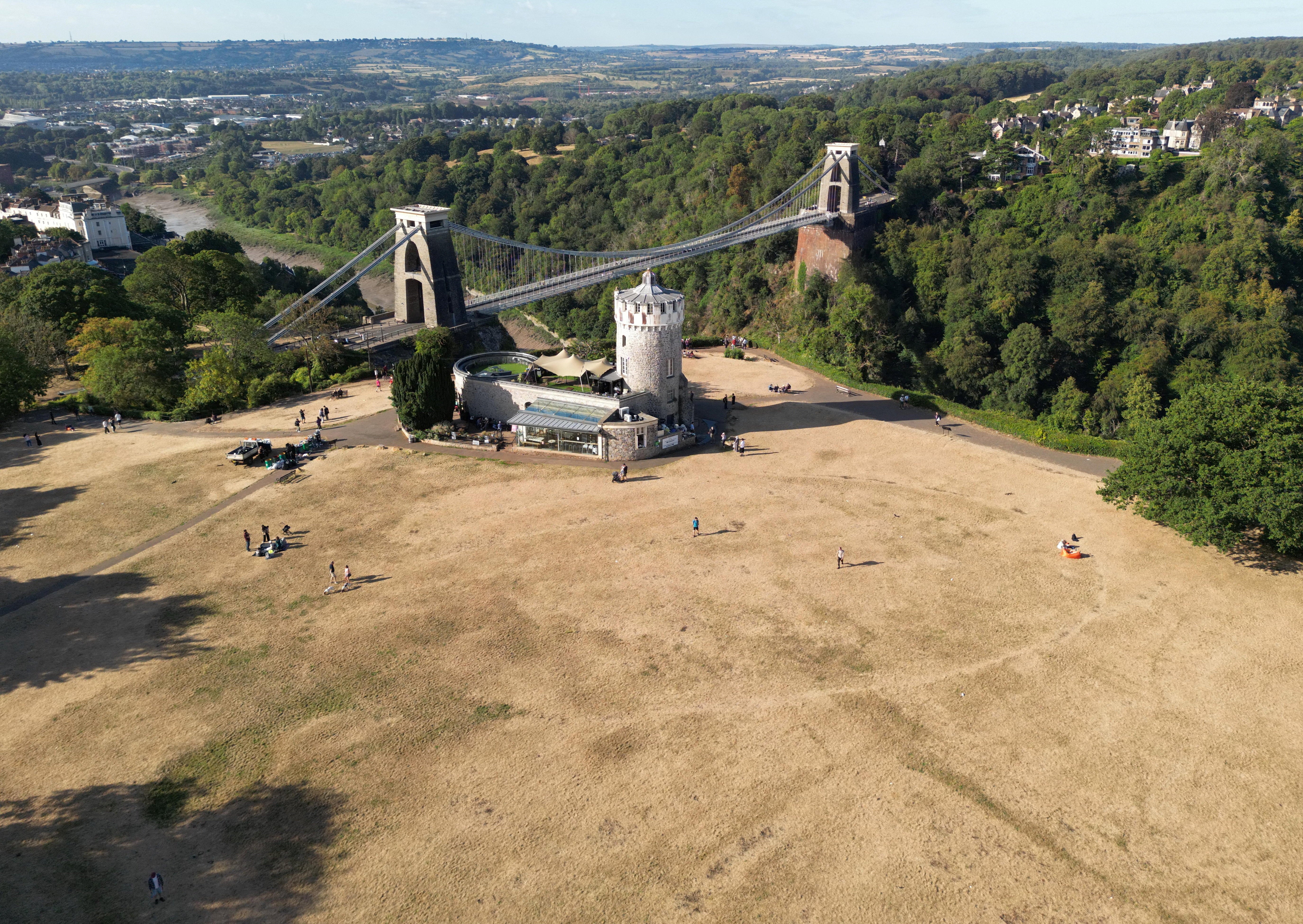 A drone view shows parched parkland around the Clifton Observatory in Bristol on Sunday