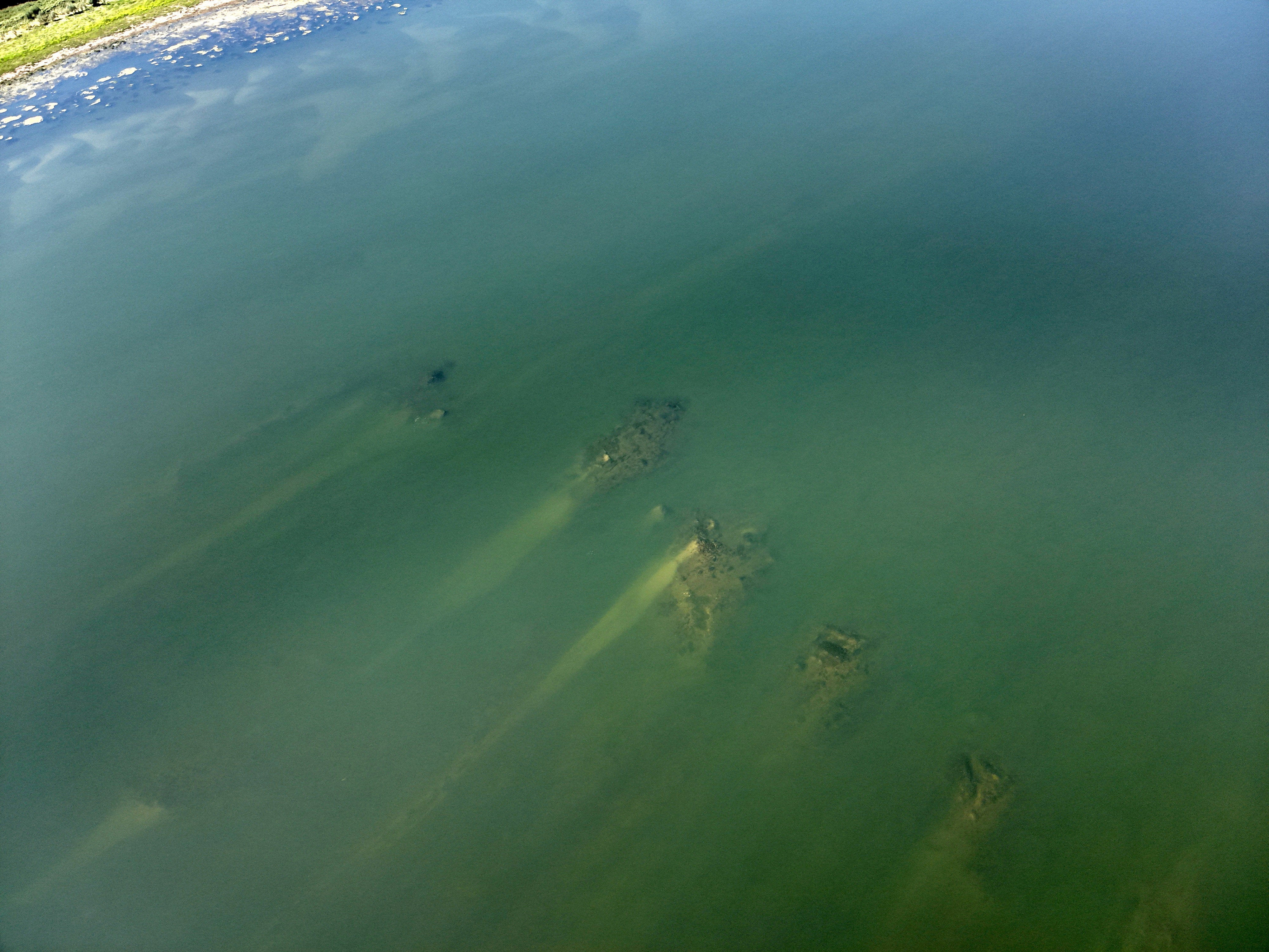 A drone view of the foundations of the ancient Constantine Bridge, commissioned by Roman emperor Constantine I and inaugurated in AD 328, is seen in the Danube River near Gigen, Bulgaria