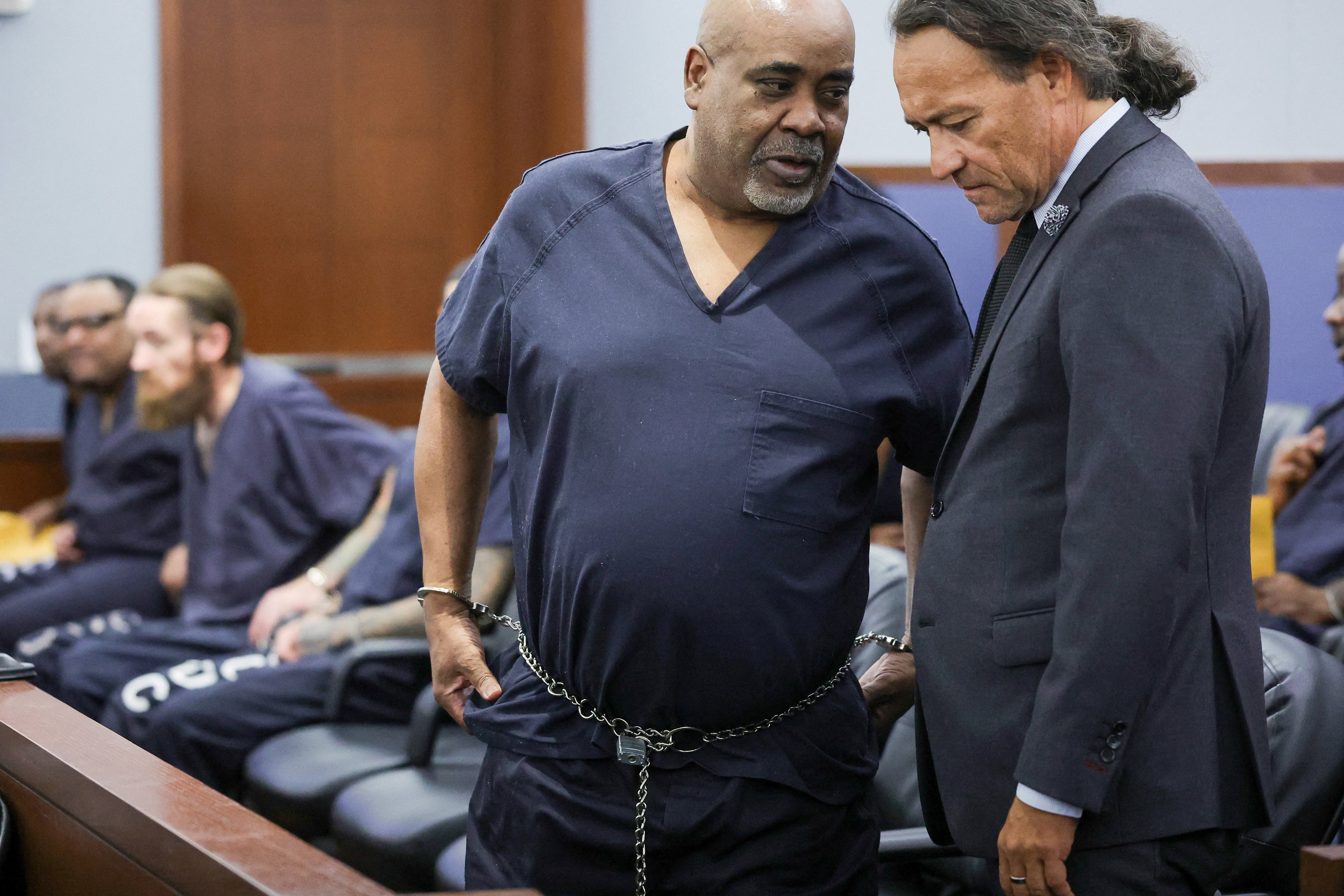 Duane Davis talks with his attorney Michael Sanft during a calendar call and motion hearing for his upcoming trial (Reuters)