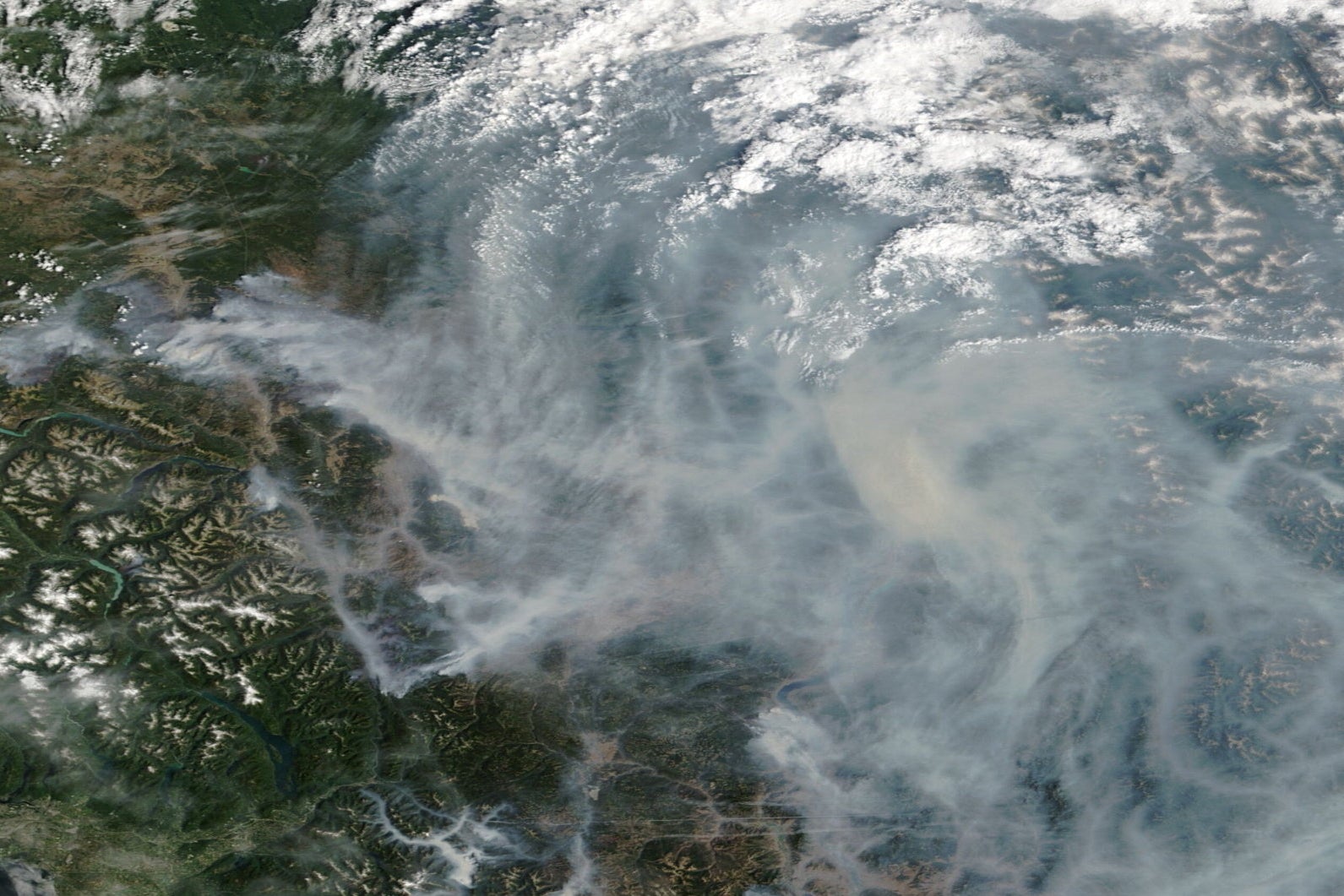 A satellite image shows smoke from wildfires in British Columbia, Canada, August 9 (NASA)