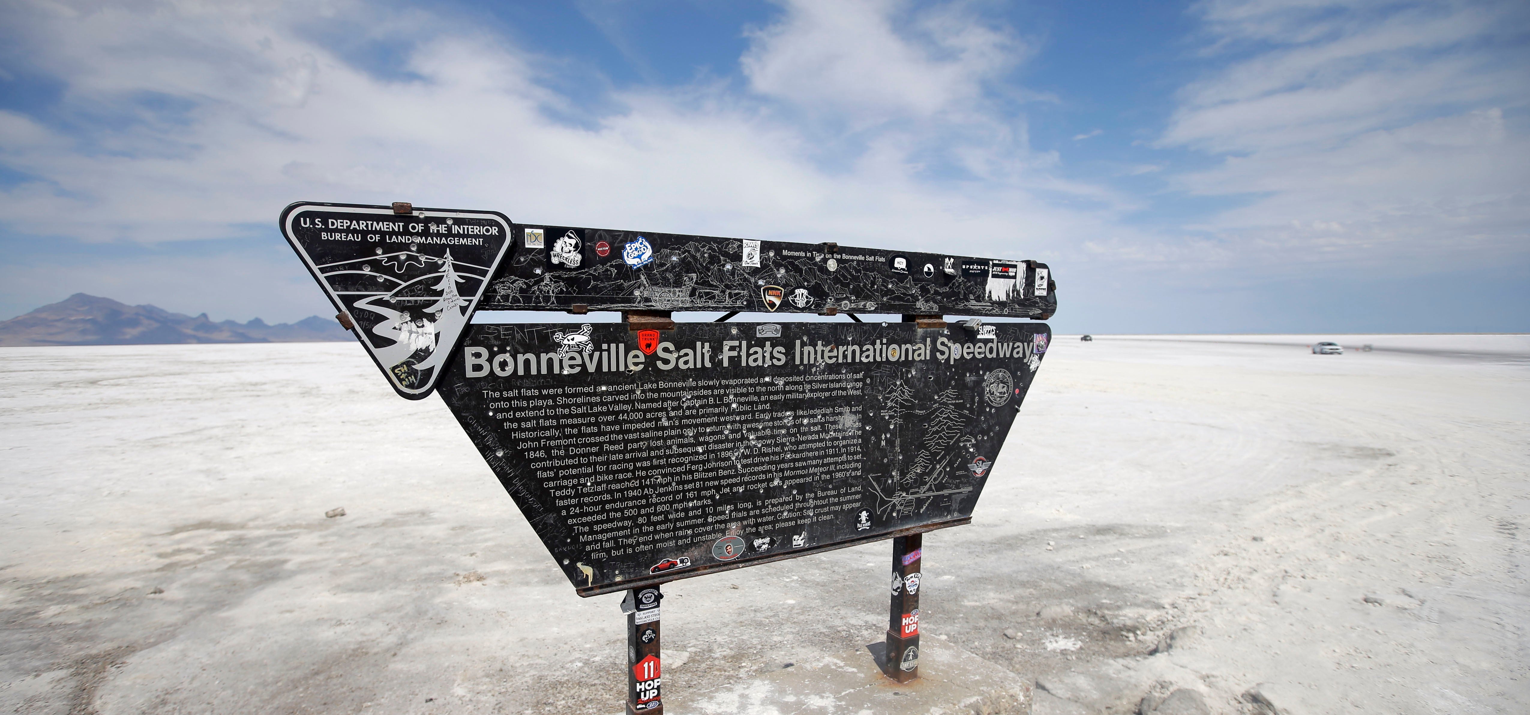 The Bonneville Salt Flats International Speedway sign near Wendover, Utah (AP Photo/Rick Bowmer,File)
