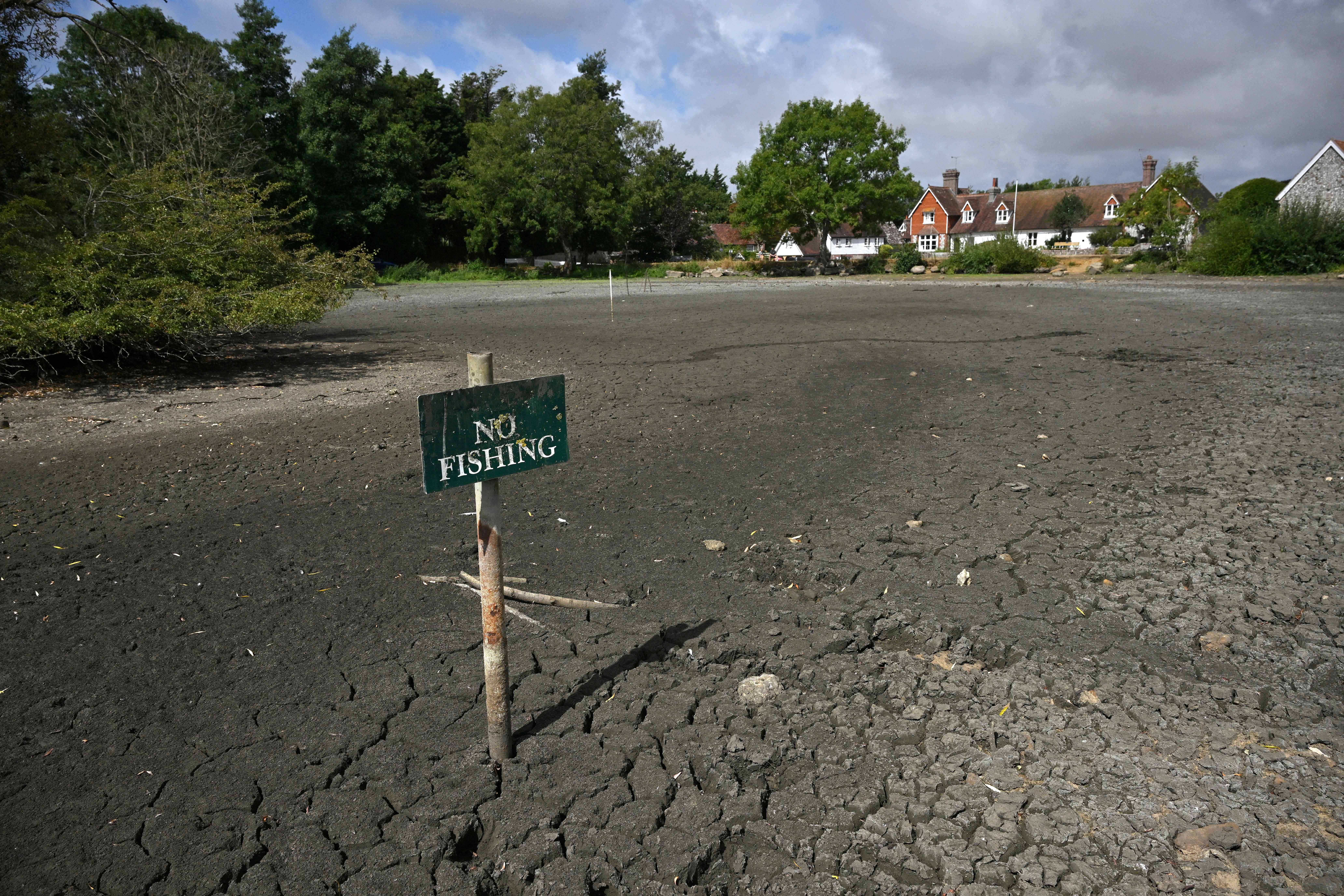 A 'No Fishing' sign is pictured in the dried up Falmer Pond in Falmer, East Sussex