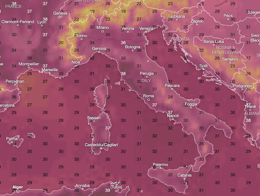 Italy's Health Ministry put 27 cities on red alert last week (Ventusky.com)