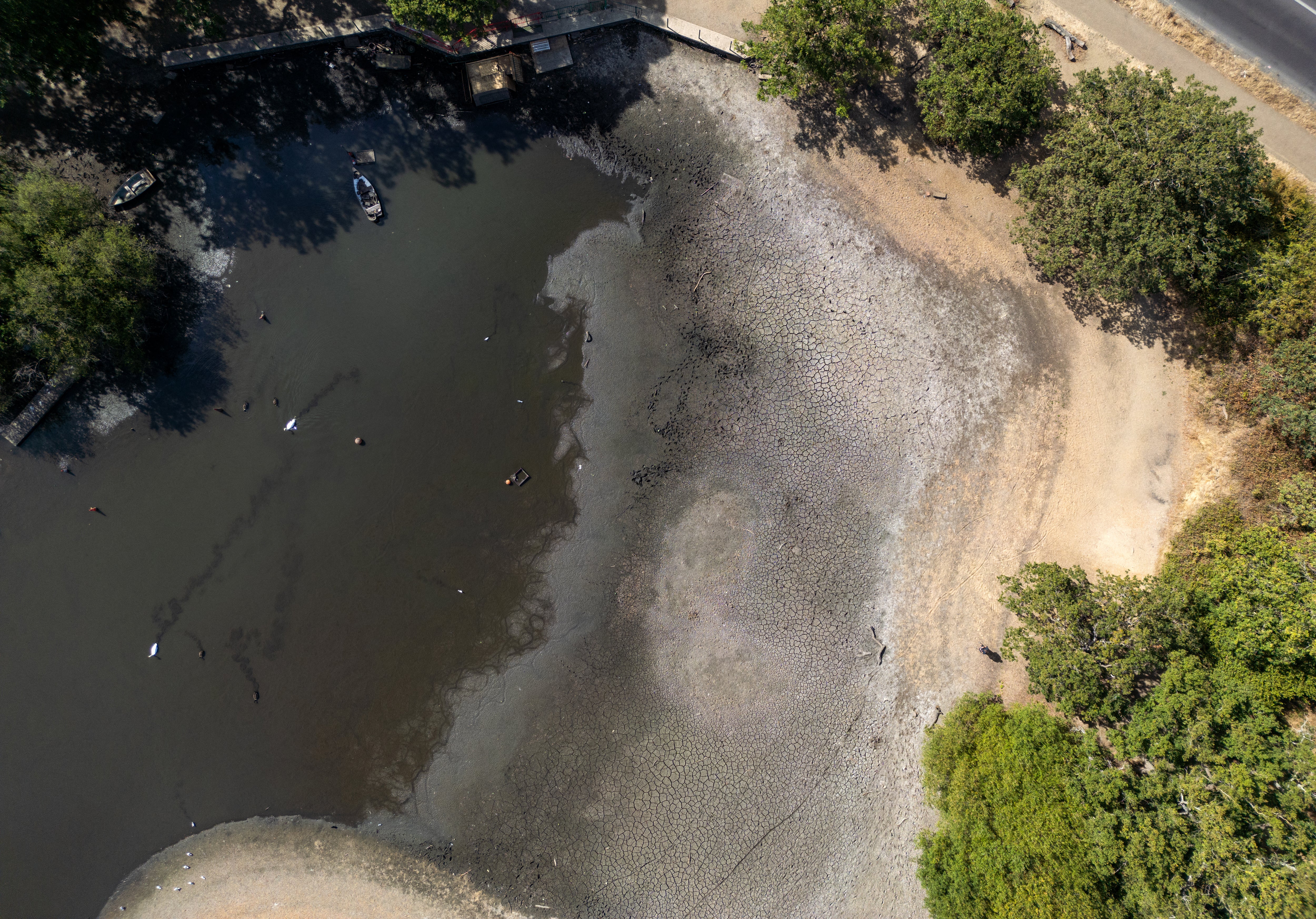 An aerial view shows the dried and cracked bed of the depleted Hollow Pond and Leyton flats near Wanstead, east London (AFP/Getty)