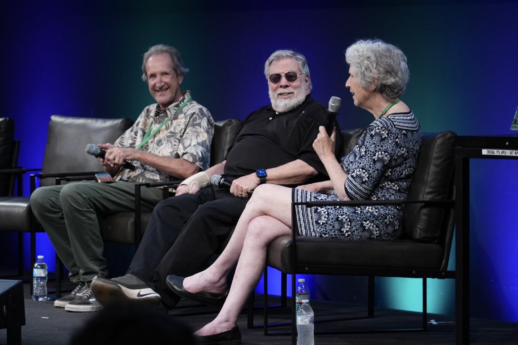 Apple co-founder Steve Wozniak, center, appears on stage at the Vintage Computer Festival in Mountain View, California (AP Photo/Terry Chea)