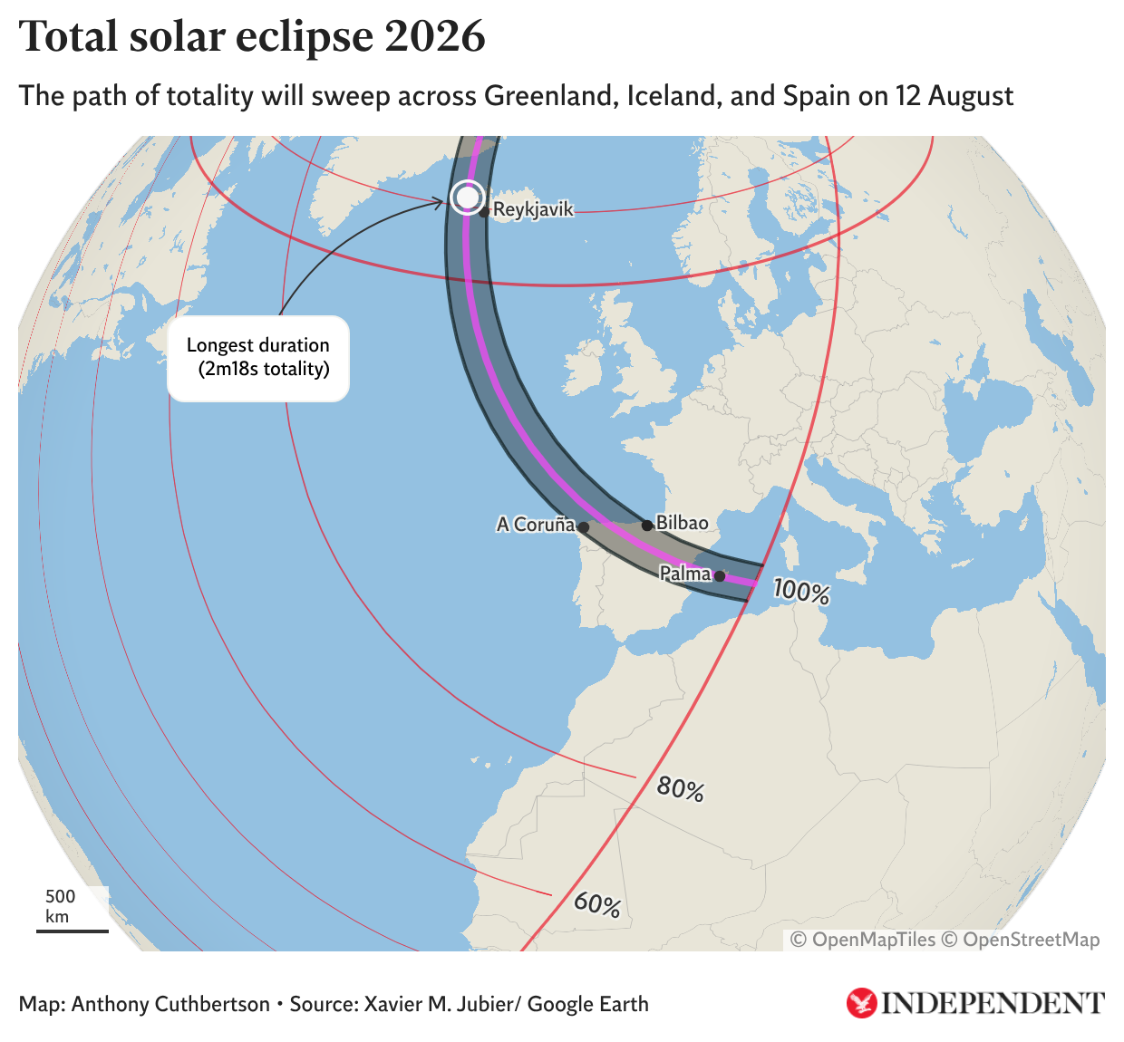 It will take 1 and a half hours for the umbra, or moon’s sun-blocking shadow, to race along the 5,130-mile (8,260-kilometer) course.
