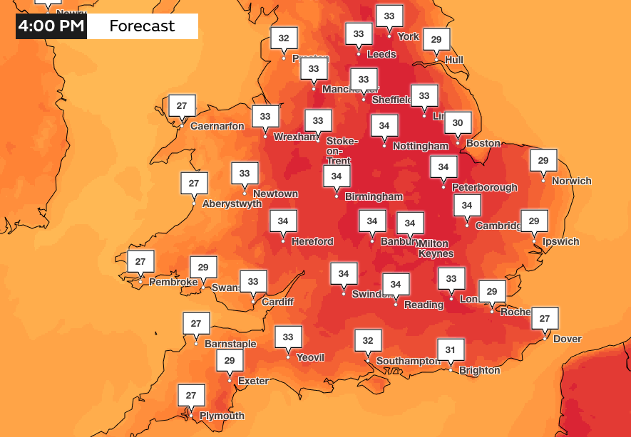 Across England and Wales, the mercury is expected to surpass 30C on Thursday
