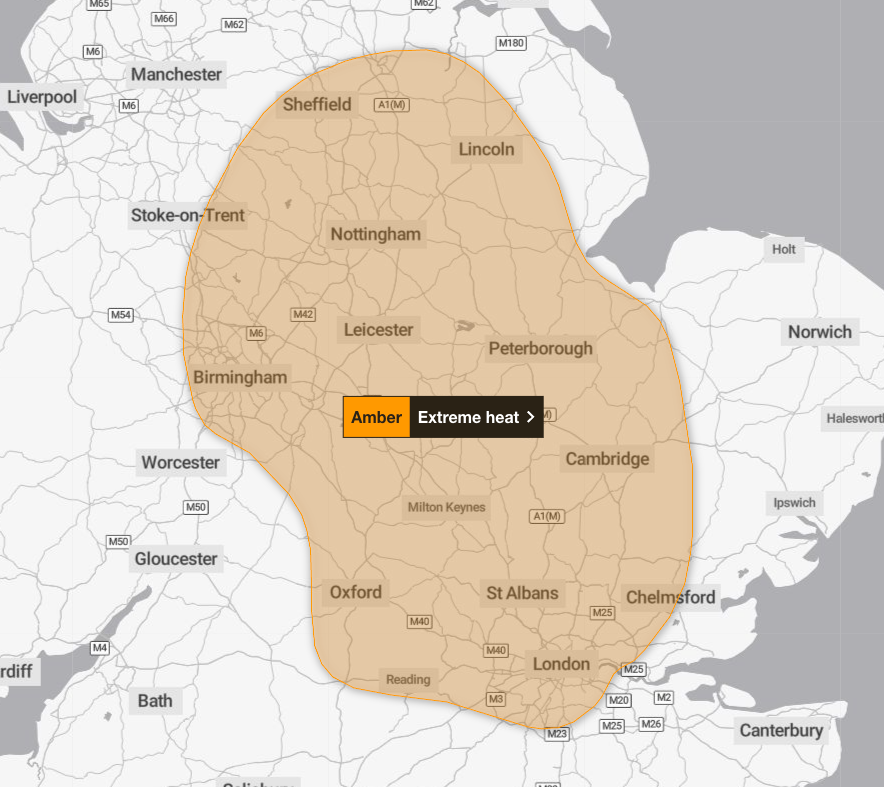 The extreme heat warning covers London, Birmingham and Nottingham (Met Office)