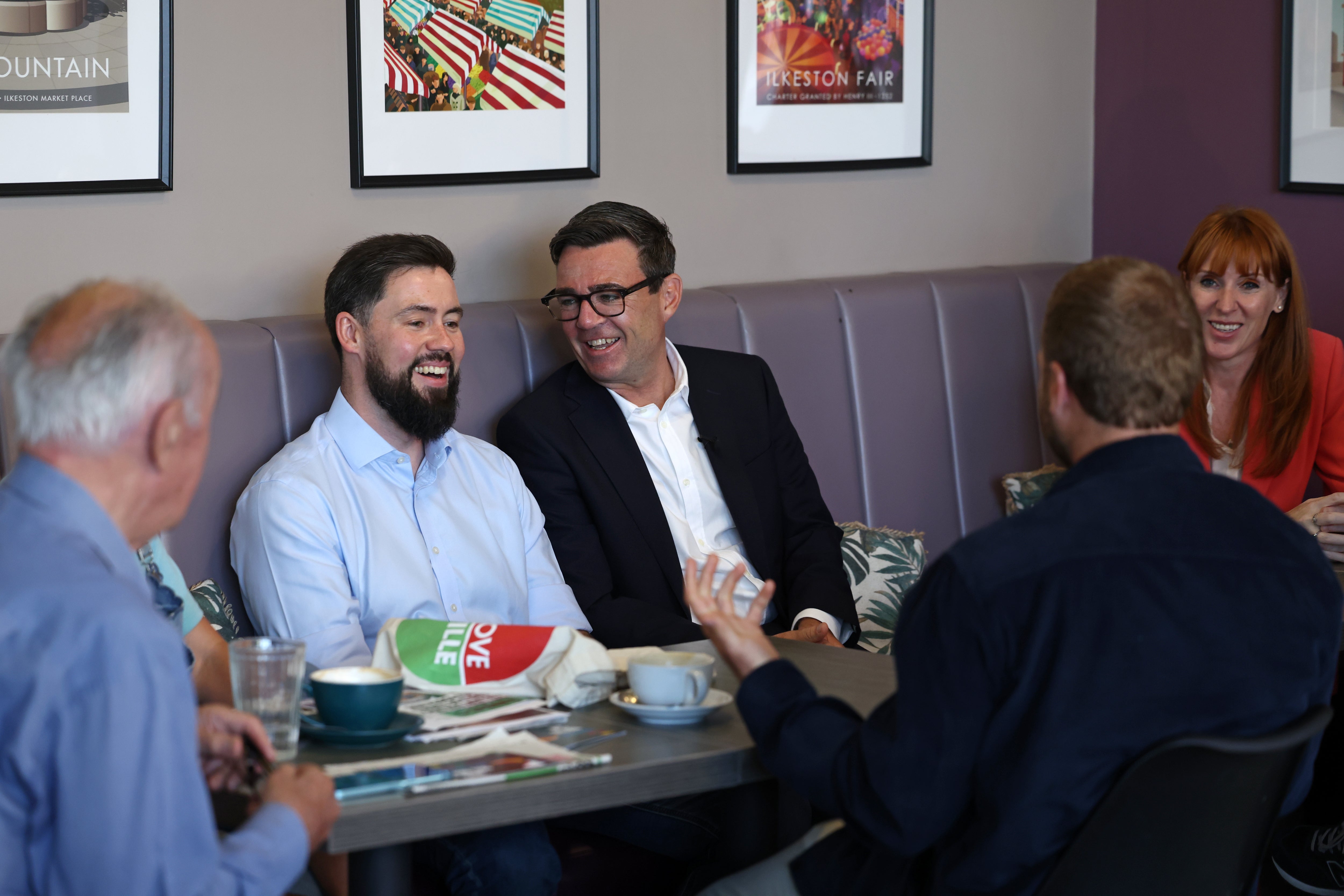Andy Burnham and Angela Rayner (right) and Labour MP for Erewash, Adam Thompson (left) met local business owners and guests at The Hub cafe in Ilkeston
