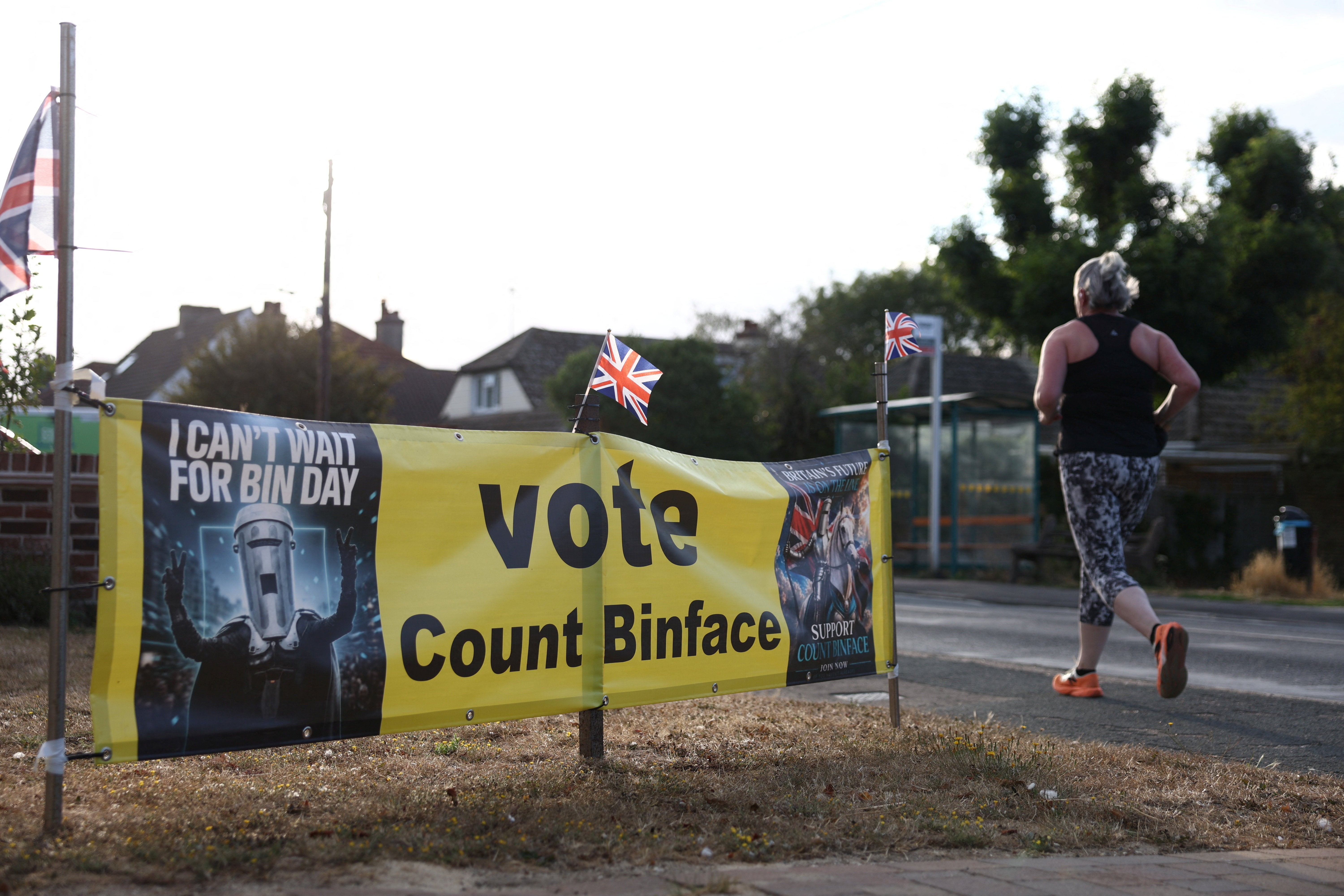 Count Binface signage in Kirby Cross, ahead of a by-election triggered by Reform UK party leader
