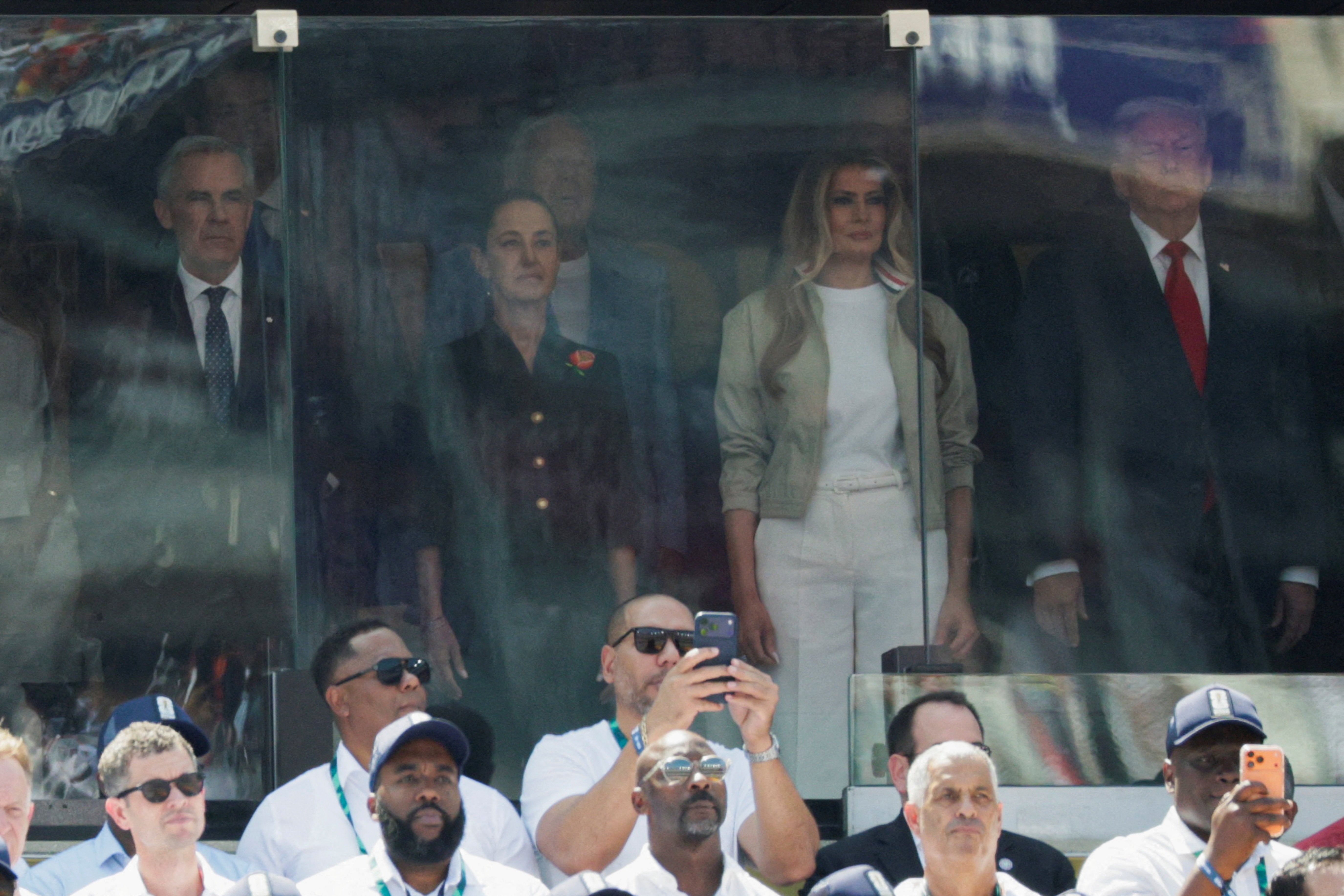 Melania Trump with President Donald Trump, Mexican President Claudia Sheinbaum, Canada's Prime Minister Mark Carney, Robert Kraft and U.S. Secretary of State Marco Rubio during the FIFA World Cup 2026 Final on July 19