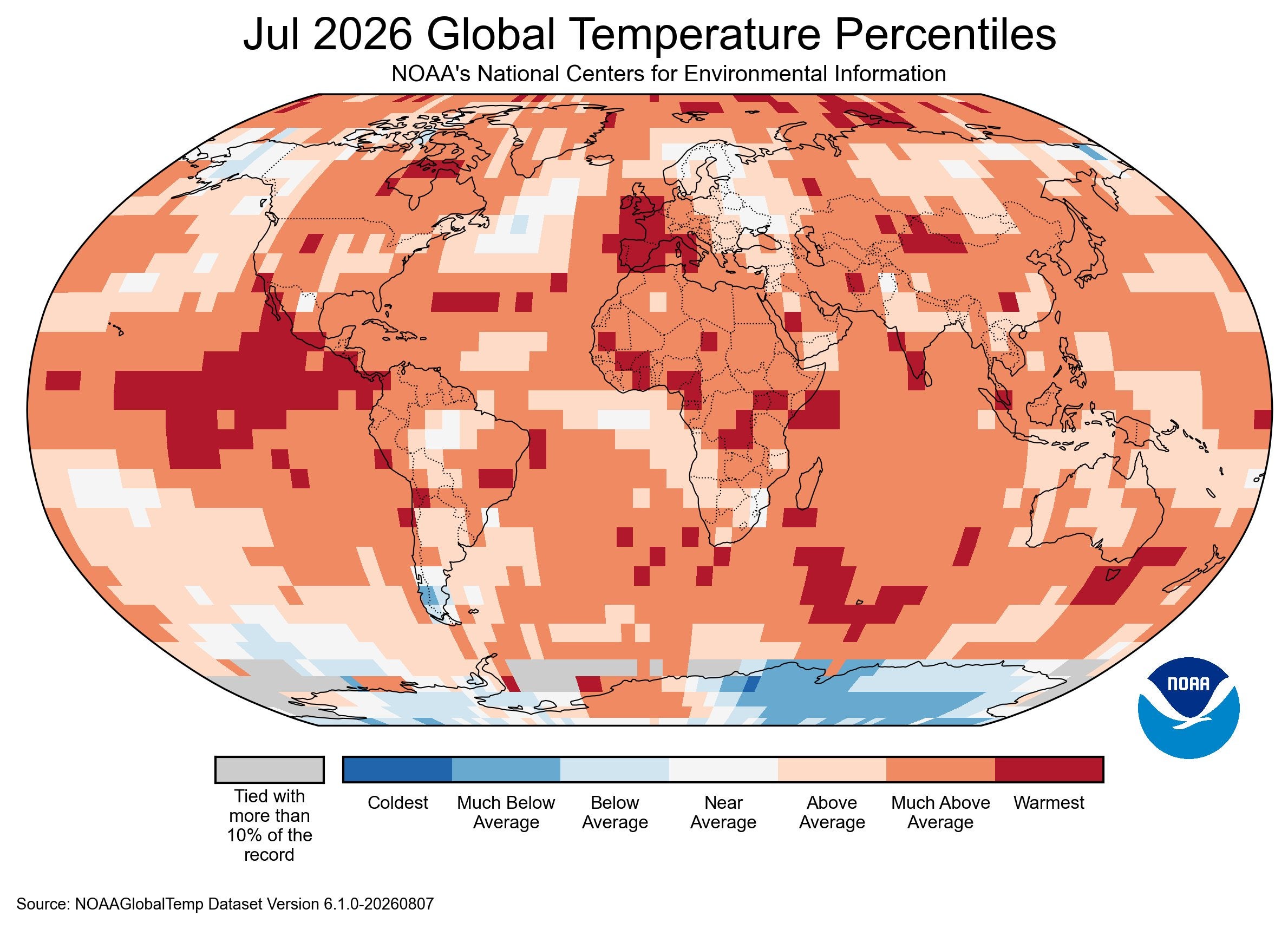 A graph from NOAA's National Centers for Environmental Information shows where global temperatures were the warmest, in dark red, during the month of July