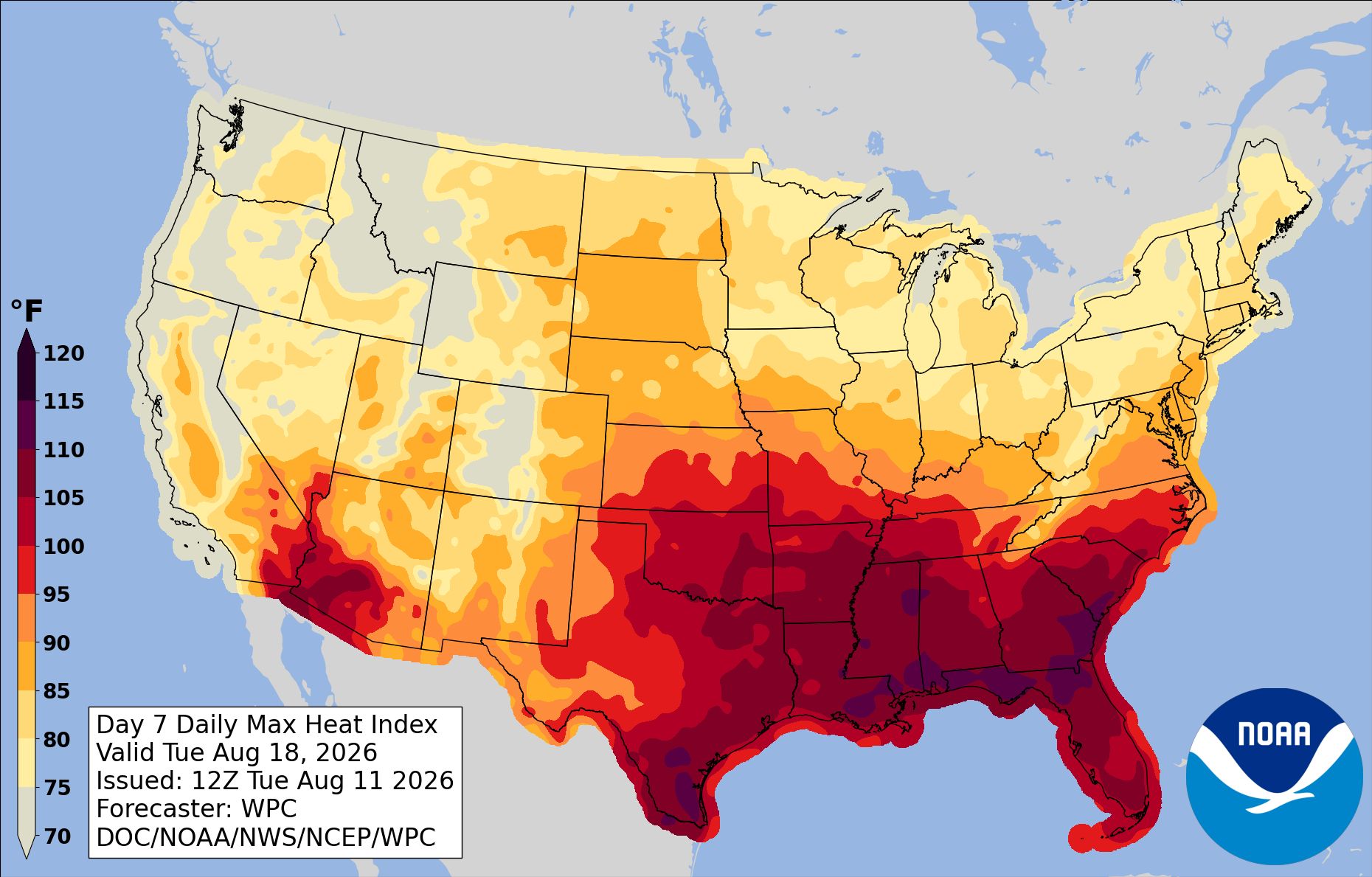 This map from the National Weather Service Weather Prediction Center shows heat forecast in the US in the coming week