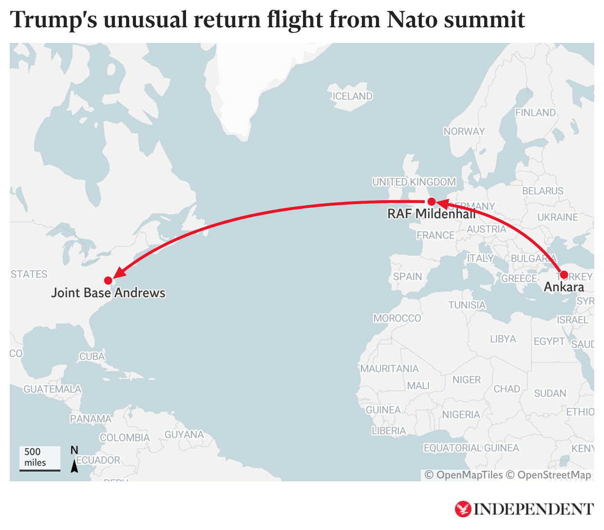 President Donald Trump's route home from July's Nato summit in Ankara, Turkey, via RAF Mildenhall, England