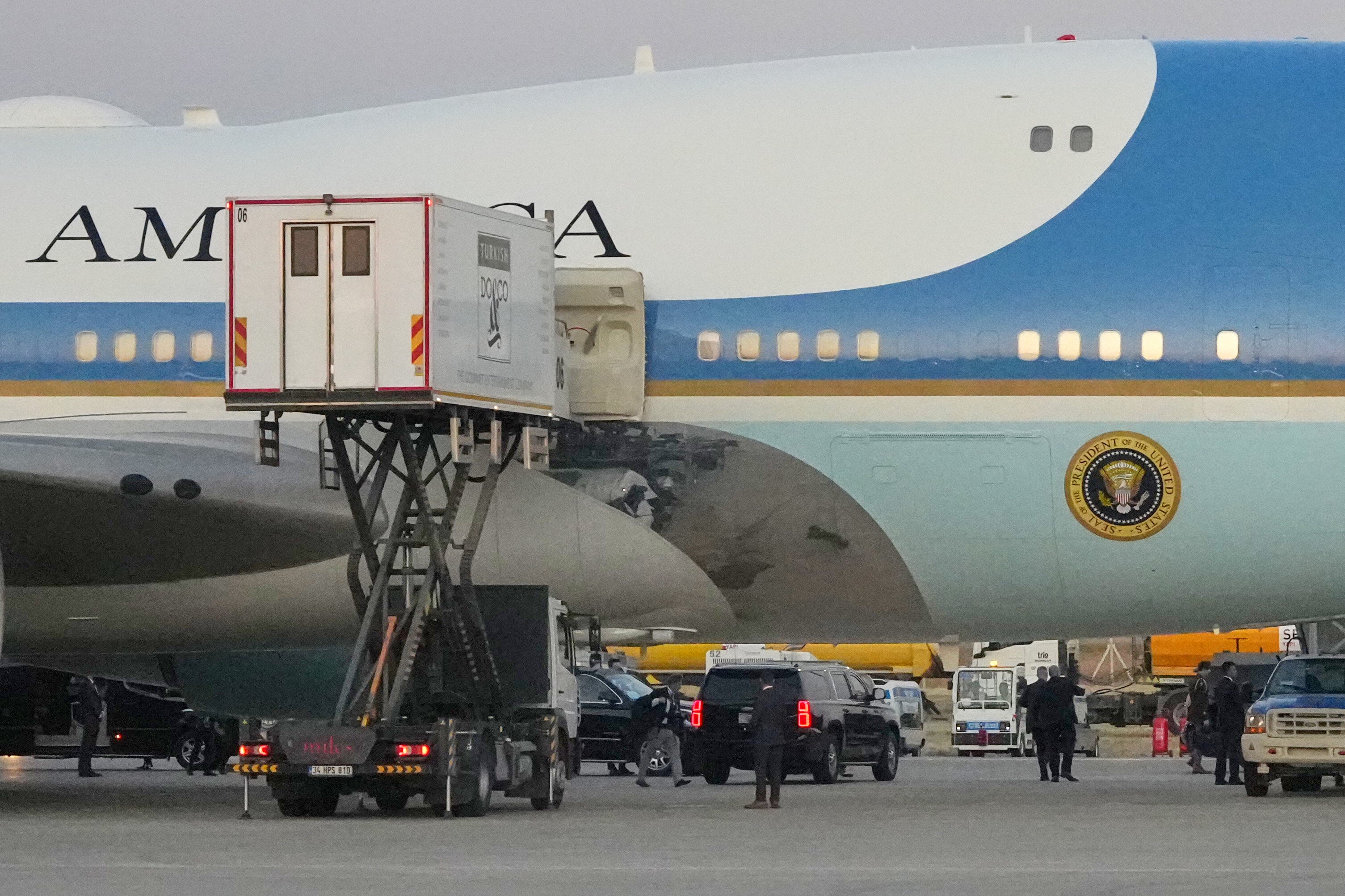 A catering truck is parked at Air Force One on the tarmac as the motorcade carrying U.S. President Donald Trump arrives to depart following the NATO summit at Ankara International Airport in Ankara, Turkey, Wednesday, July 8, 2026.