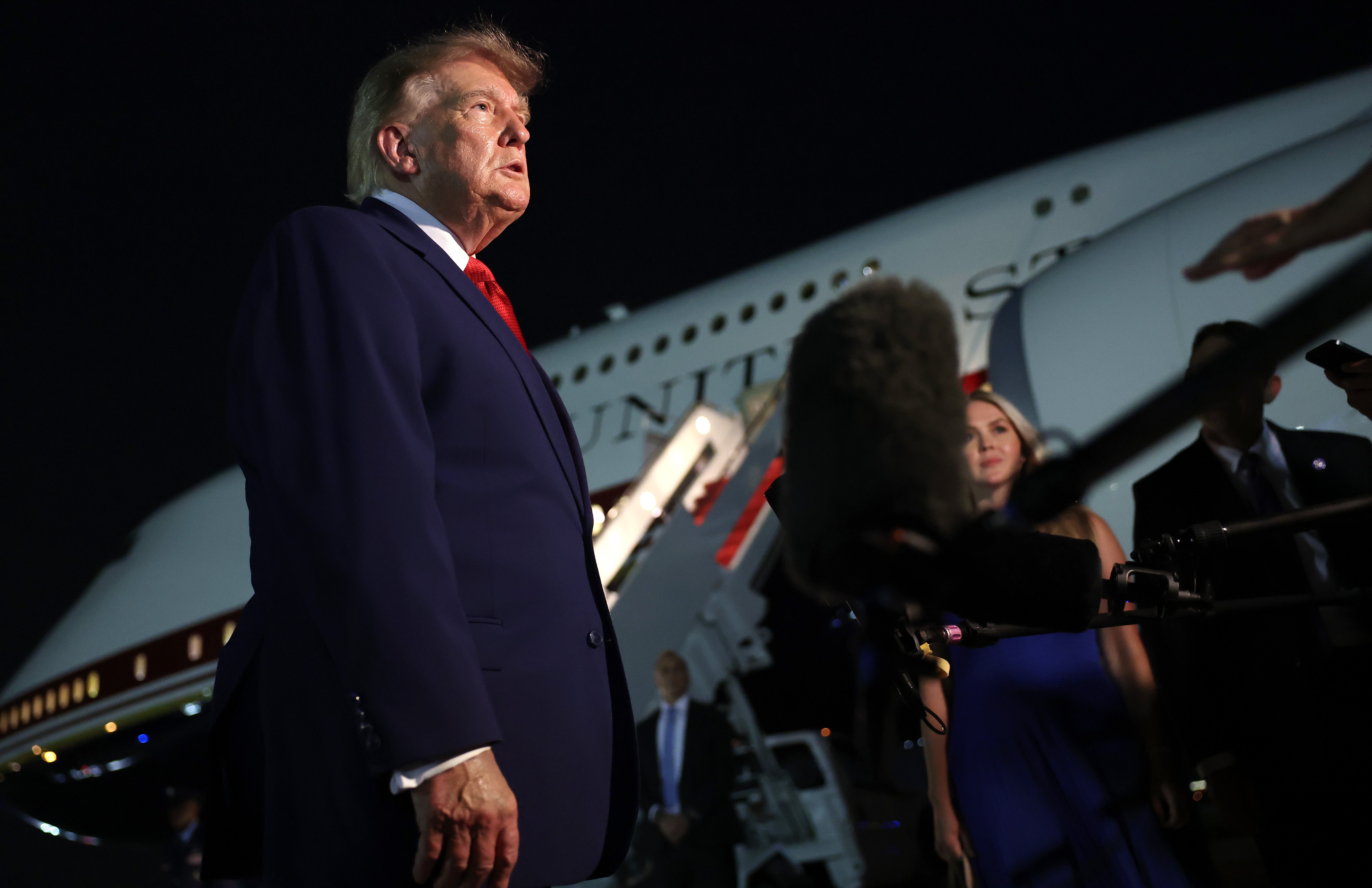 U.S. President Donald Trump speaks to reporters after stepping off Air Force One on August 11, 2026 in Joint Base Andrews, Maryland. Trump was asked about the secret decoy flight he took out of Turkey in a military aircraft. The president was returning to Washington, DC after traveling to Ohio to attend the 2026 Patriot Games.