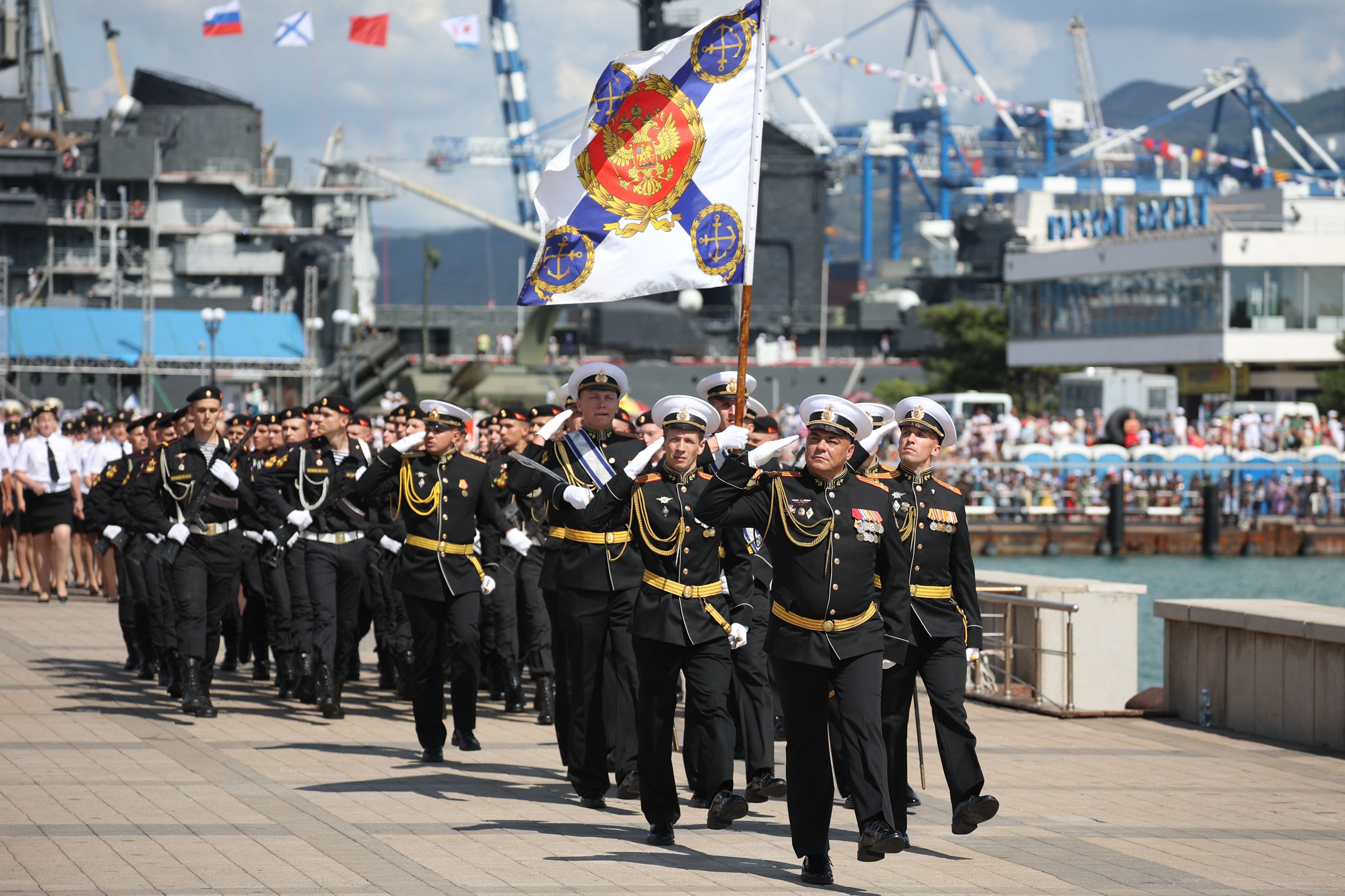 File image: Russian sailors and marines parade during Navy Day celebrations in the port city of Novorossiysk on 30 July 2023 (AFP/Getty)
