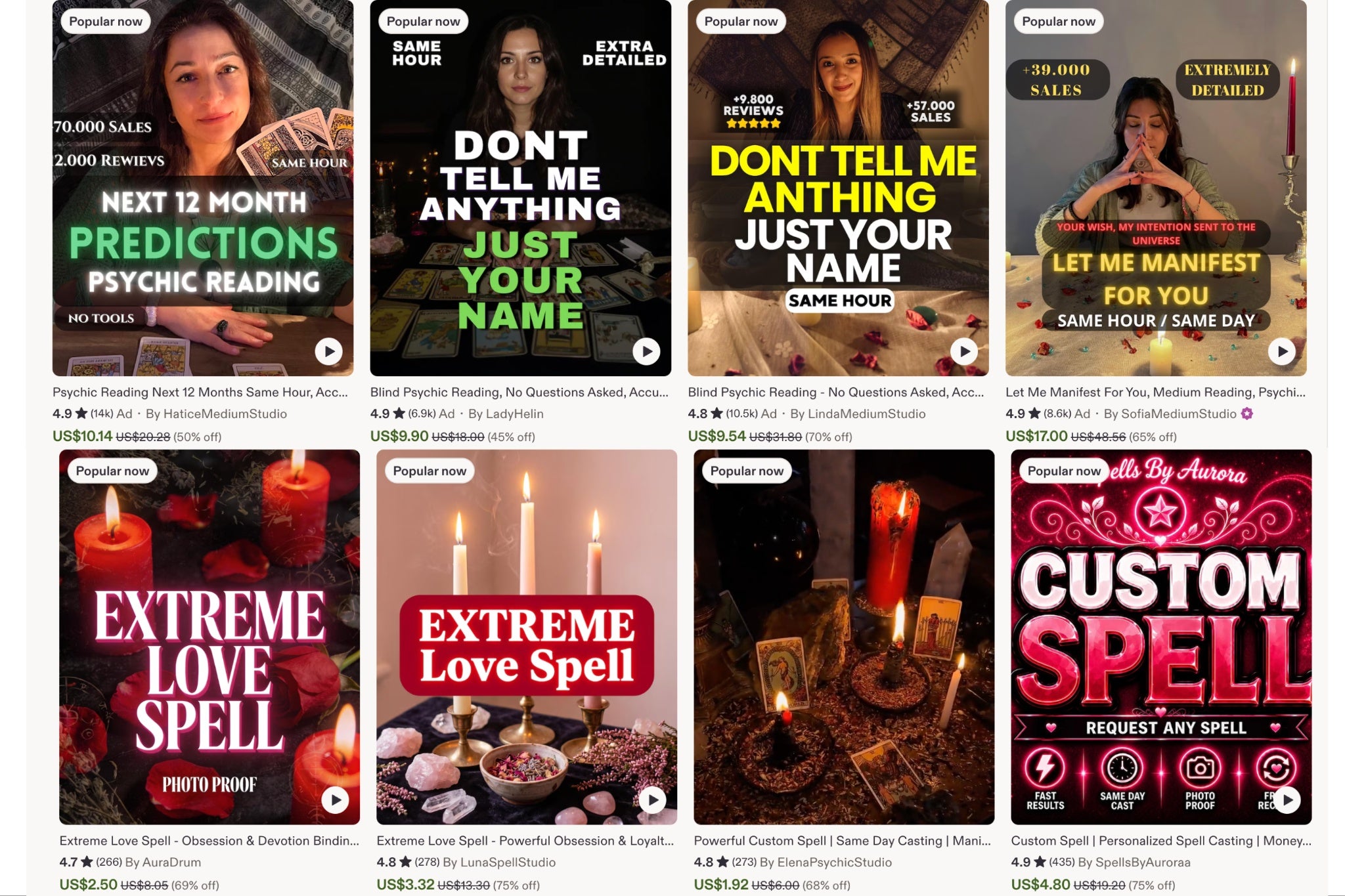 Etsy has dozens of options to choose from when it comes to witchcraft, from love spells to manifestations