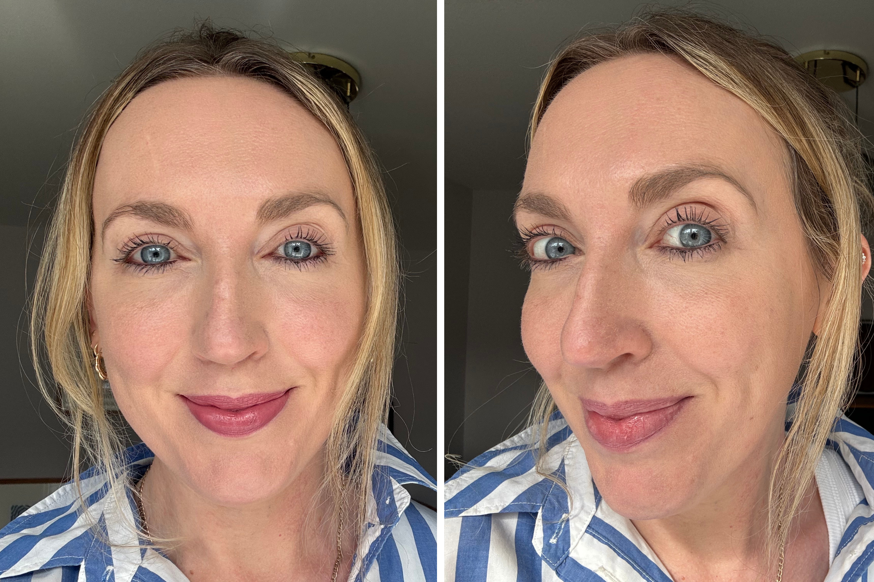 (Left) my make-up without loose powder and (right) my face after six hours waiting the airbrush flawless loose powder (Helen Wilson-Beevers/The Independent)