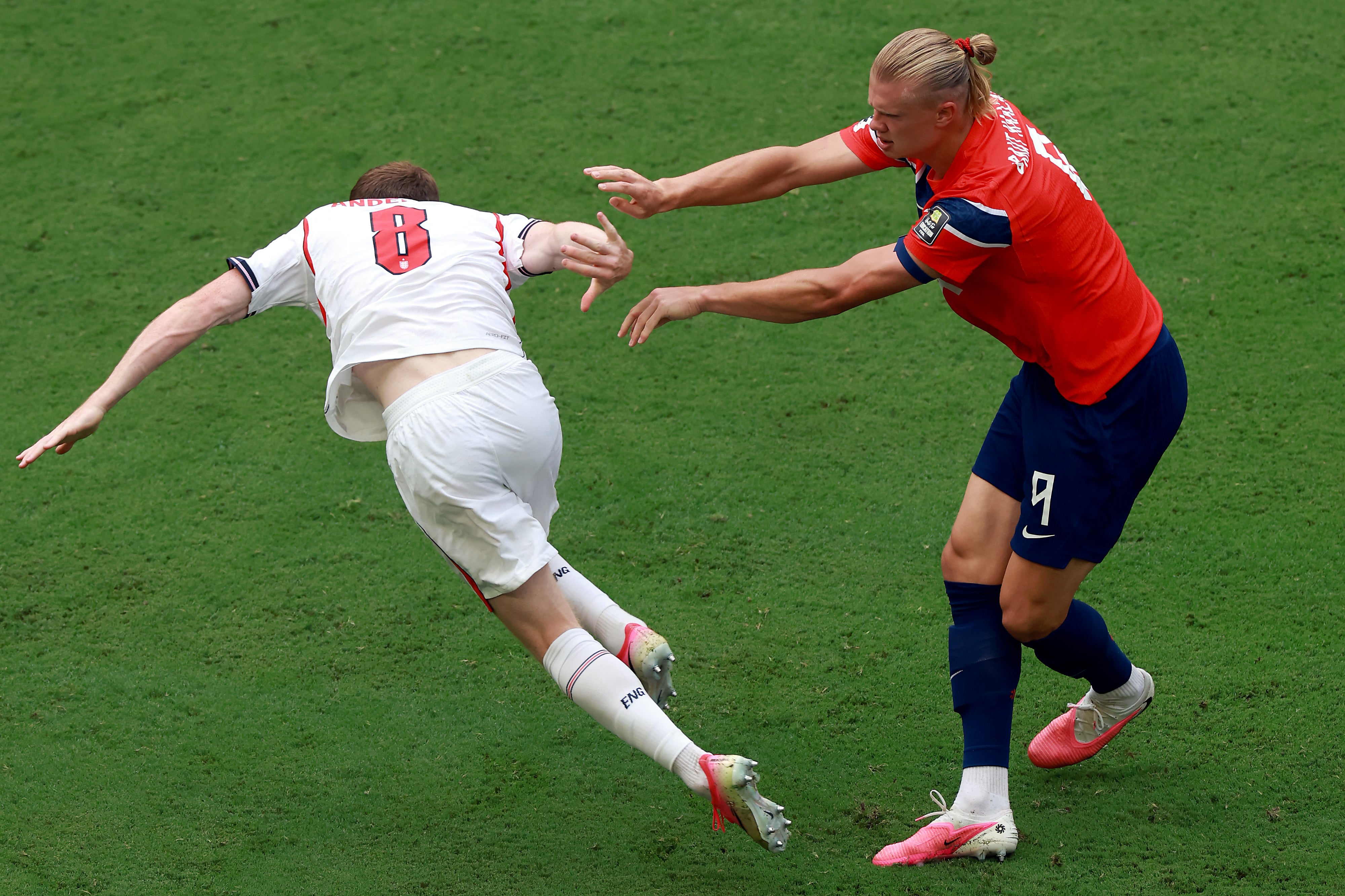 Anderson clashed with new colleague Erling Haaland in the World Cup quarter-final (Getty)