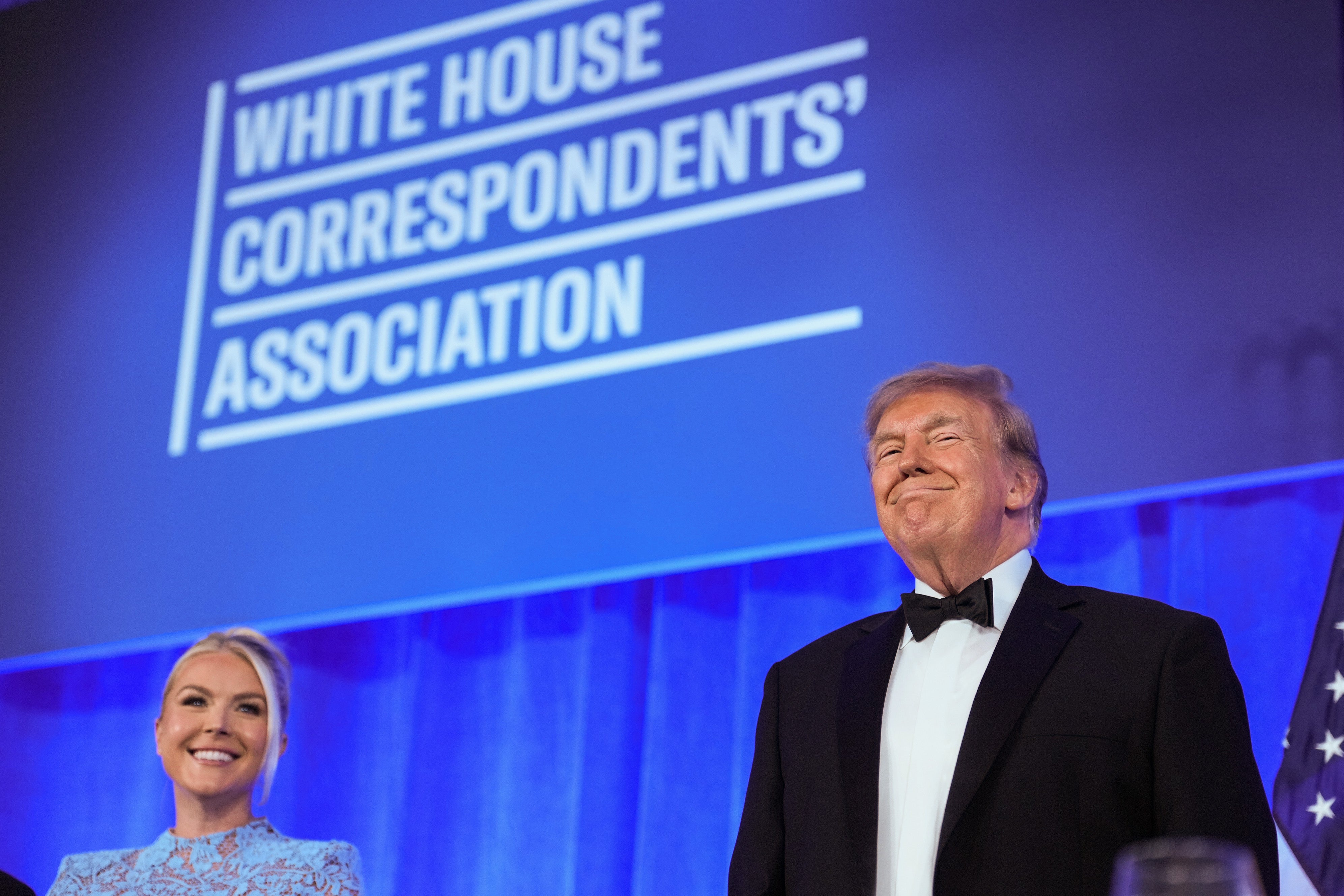 Trump and Leavitt at the re-scheduled White House Correspondents Dinner in the Presidential Ballroom at the Waldorf Astoria on July 24, 2026