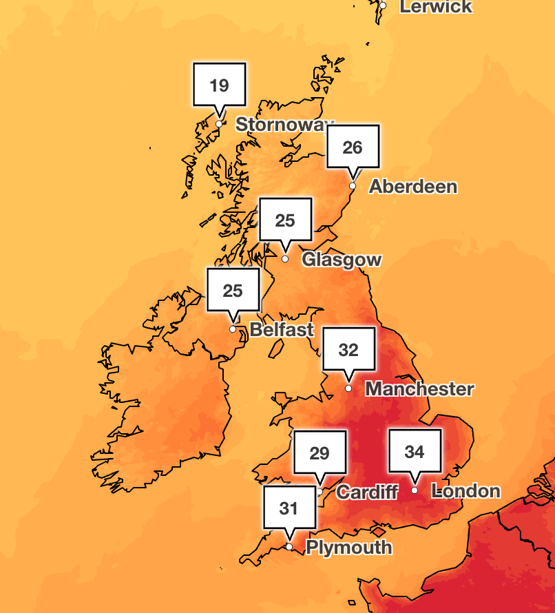 The Met Office forecasts highs of 34C in the capital around 4pm. But in some parts outside the capital, temperatures could swell to 37C, they say (Met Office)