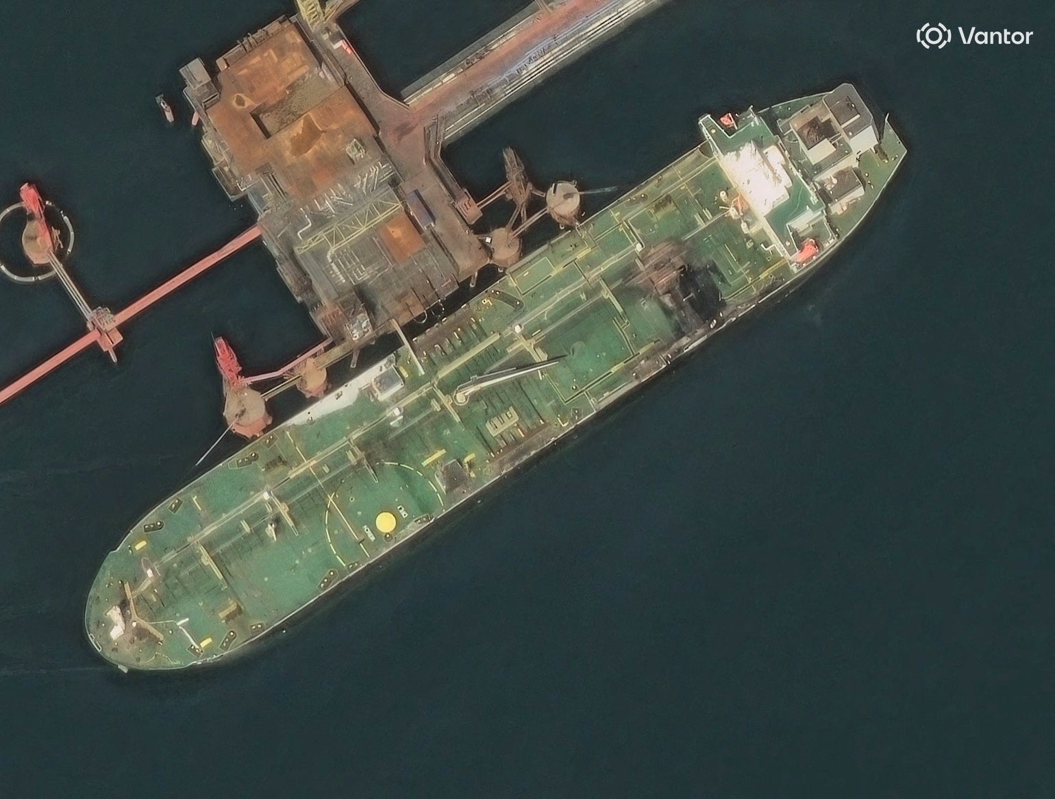 A satellite image shows an oil tanker damaged following a Ukrainian drone and missile attack in the course of the Russia-Ukraine conflict, in Novorossiysk, Krasnodar region (Vantor)
