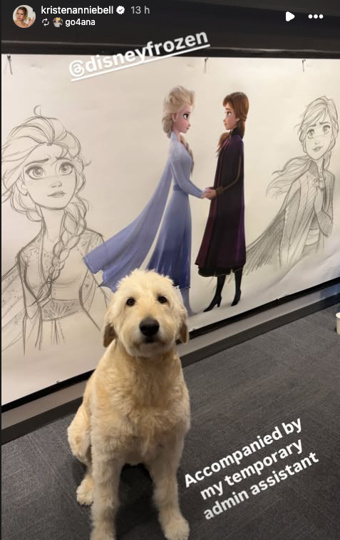 Kristen Bell posted a photo of Frank the dog posing in front of Frozen animation drawings of Anna and Idina Menzel’s Elsa (Kristen Bell)