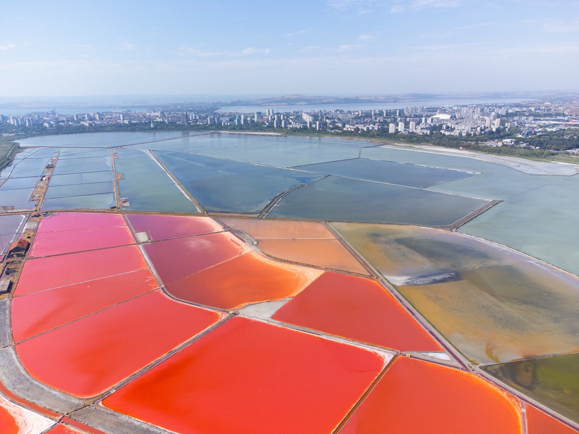 The bright colours and healing waters of Atanasovsko Lake near Burgas, Bulgaria
