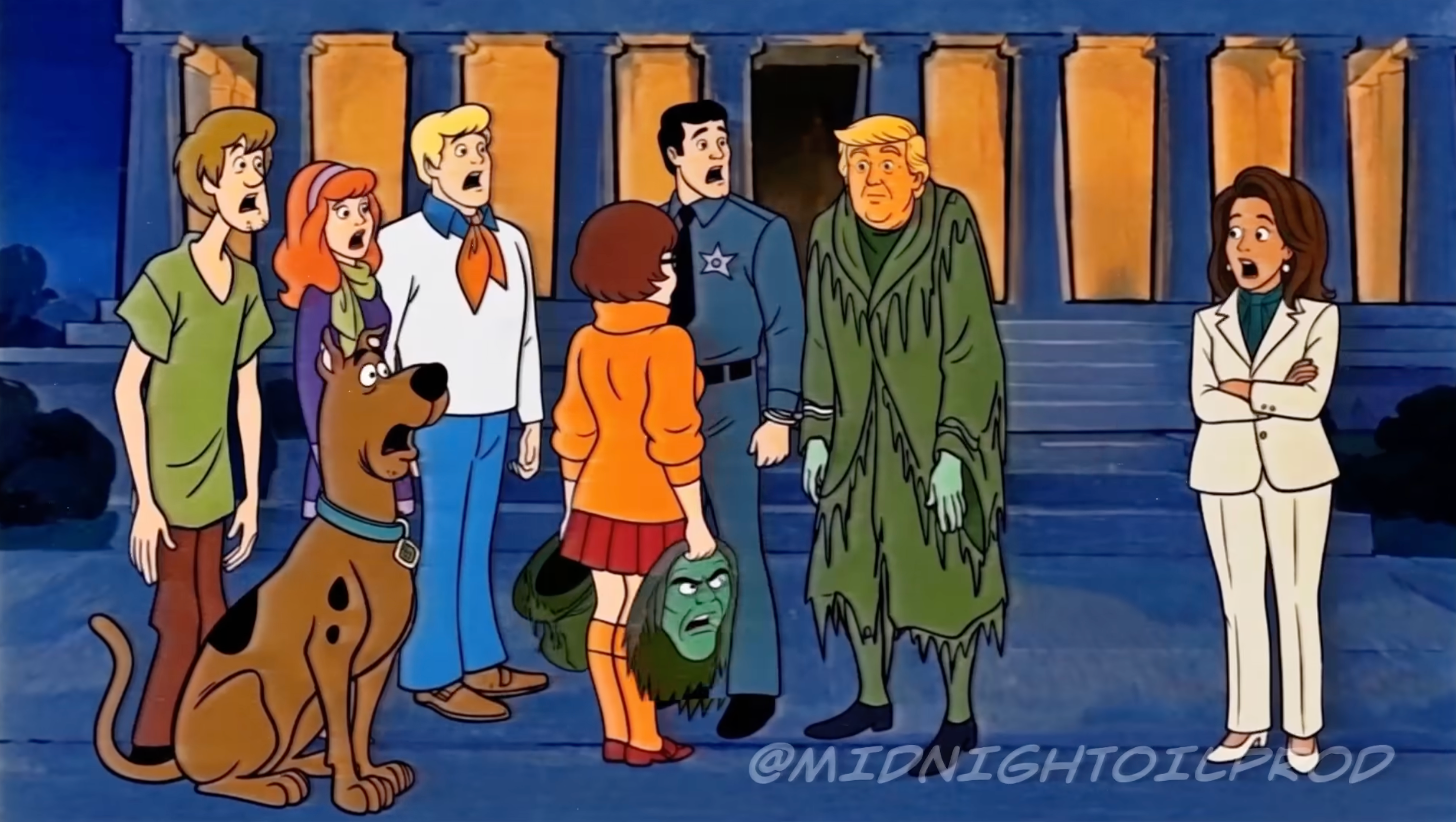 'He played the muck man and made up the whole vandal story to scare everyone off before they figured out he was responsible for the whole thing,' Velma says of Trump in the video (Midnight Oil Productions, YouTube)