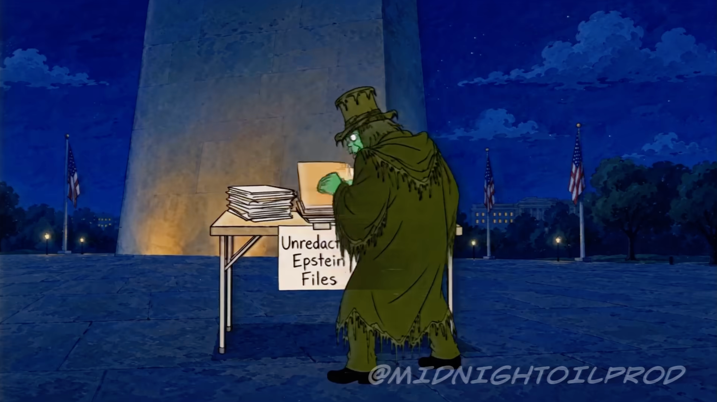 In the video, the gang uses 'decoy unredacted Epstein files' to lure the villain in to be captured (Midnight Oil Productions/YouTube)