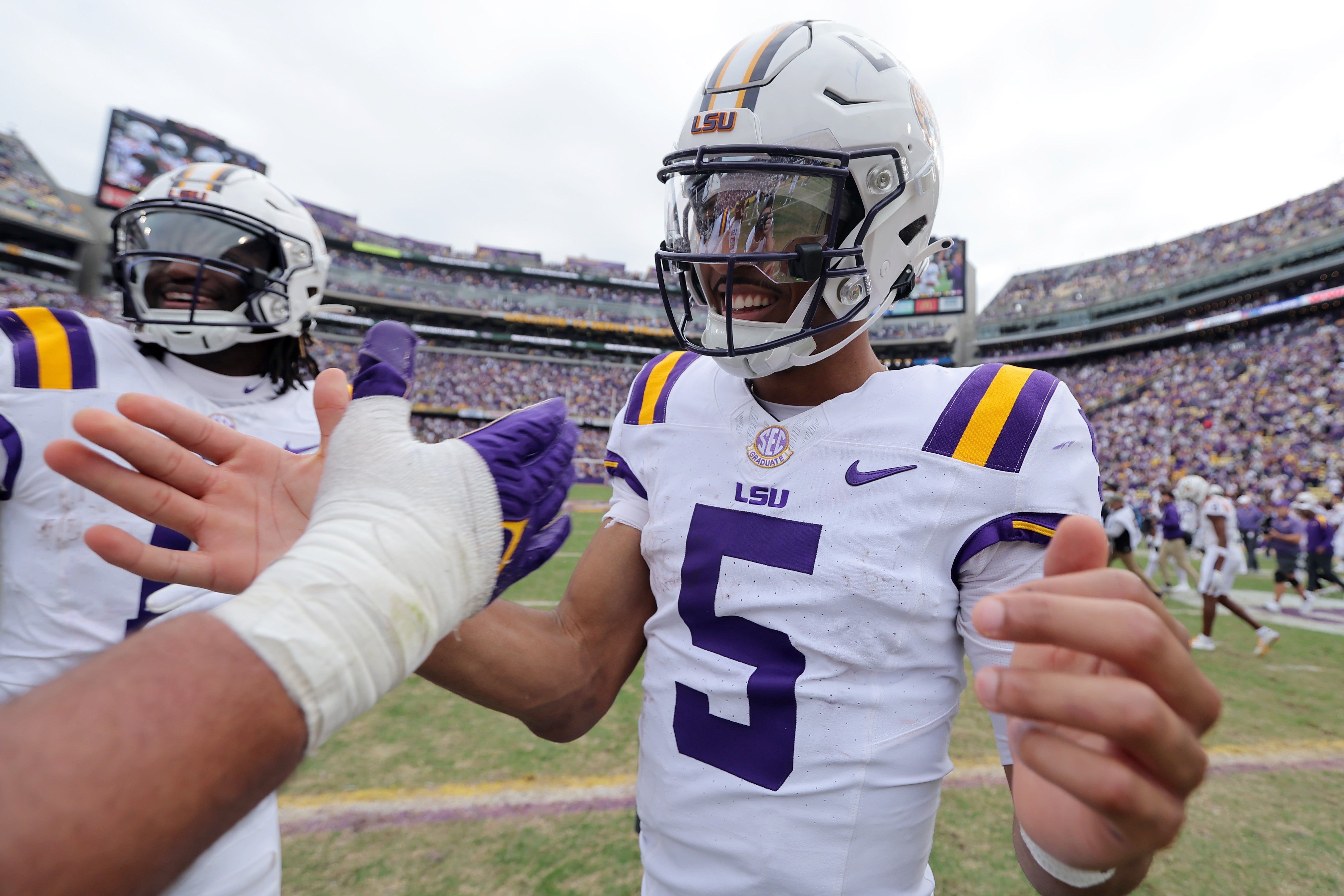 Daniels wore No. 5 when he became LSU’s third Heisman Trophy winner in 2023