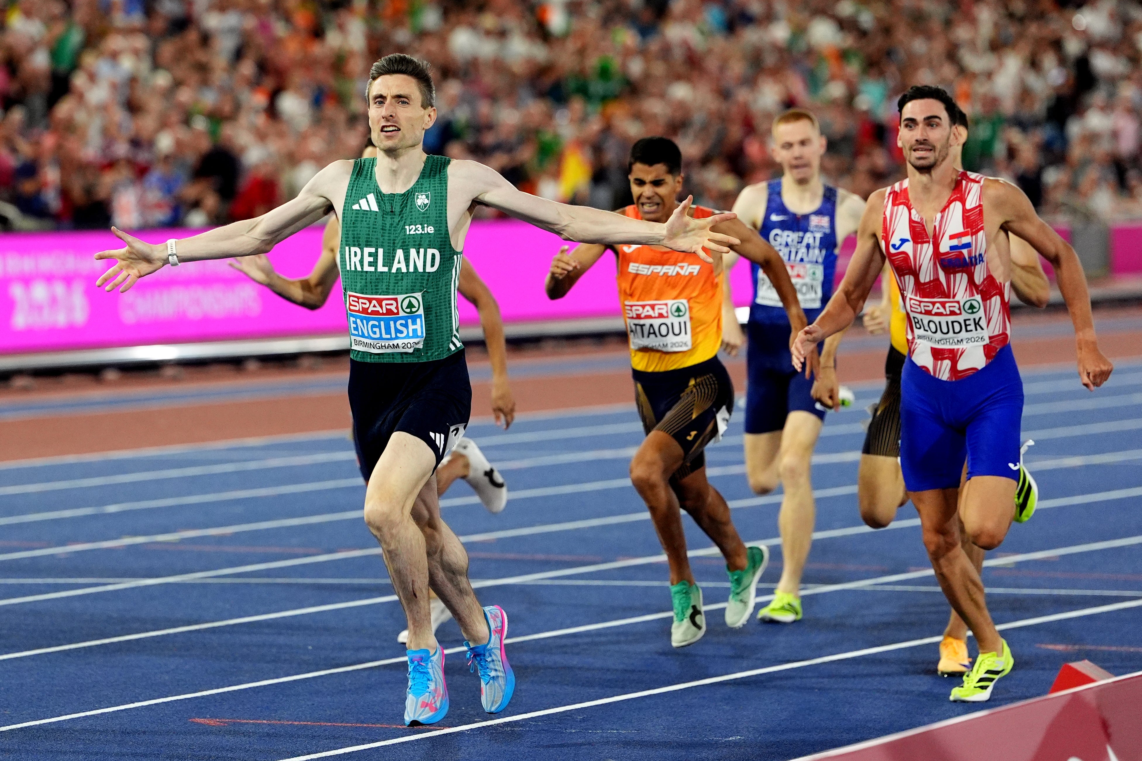 Mark English celebrates winning the men’s 800m final (Martin Rickett/PA)