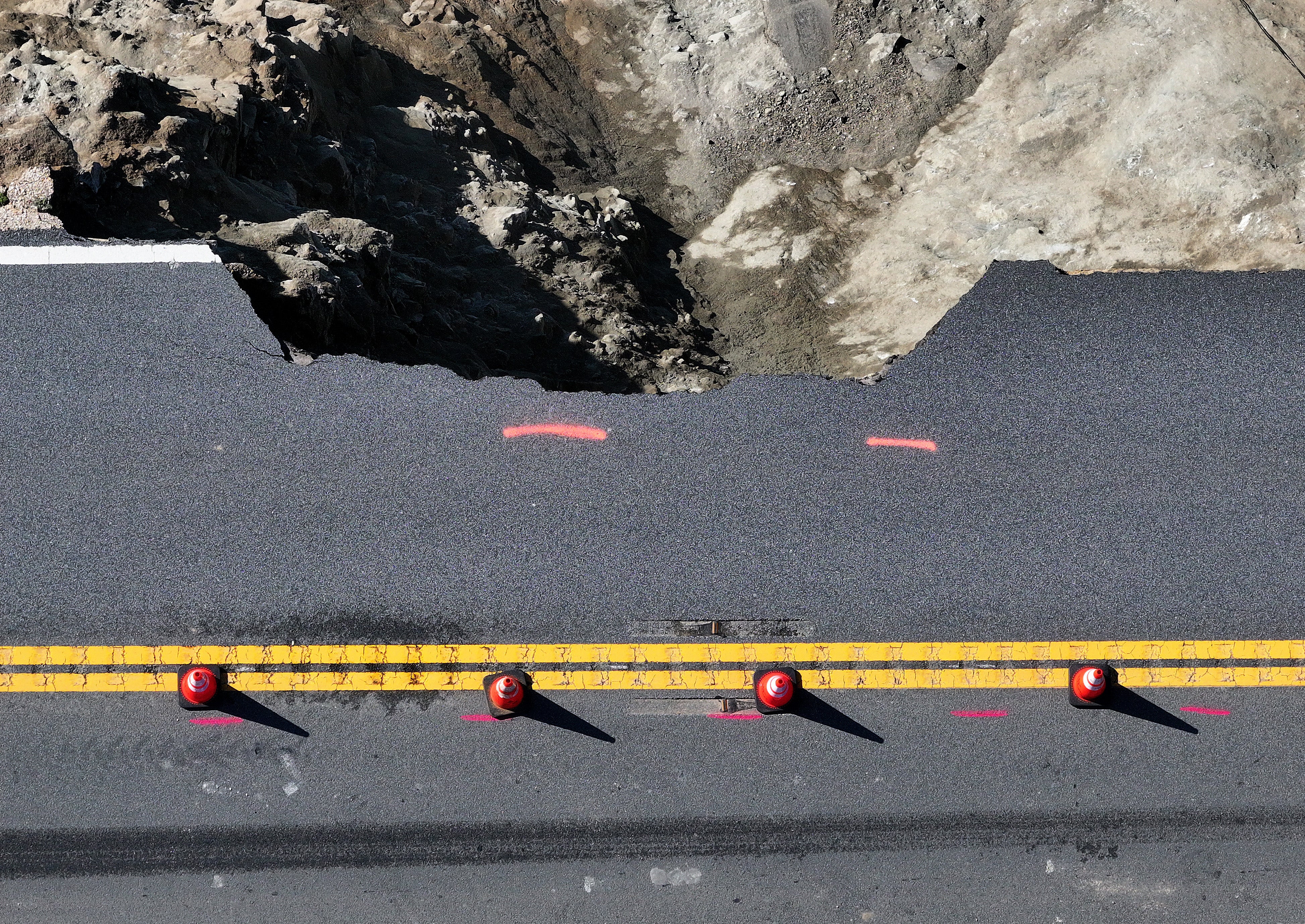 A portion of Highway 1 that broke away following heavy rains in 2024.