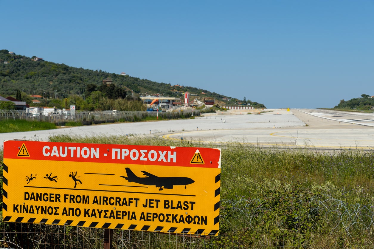A warning sign at Skiathos Airport