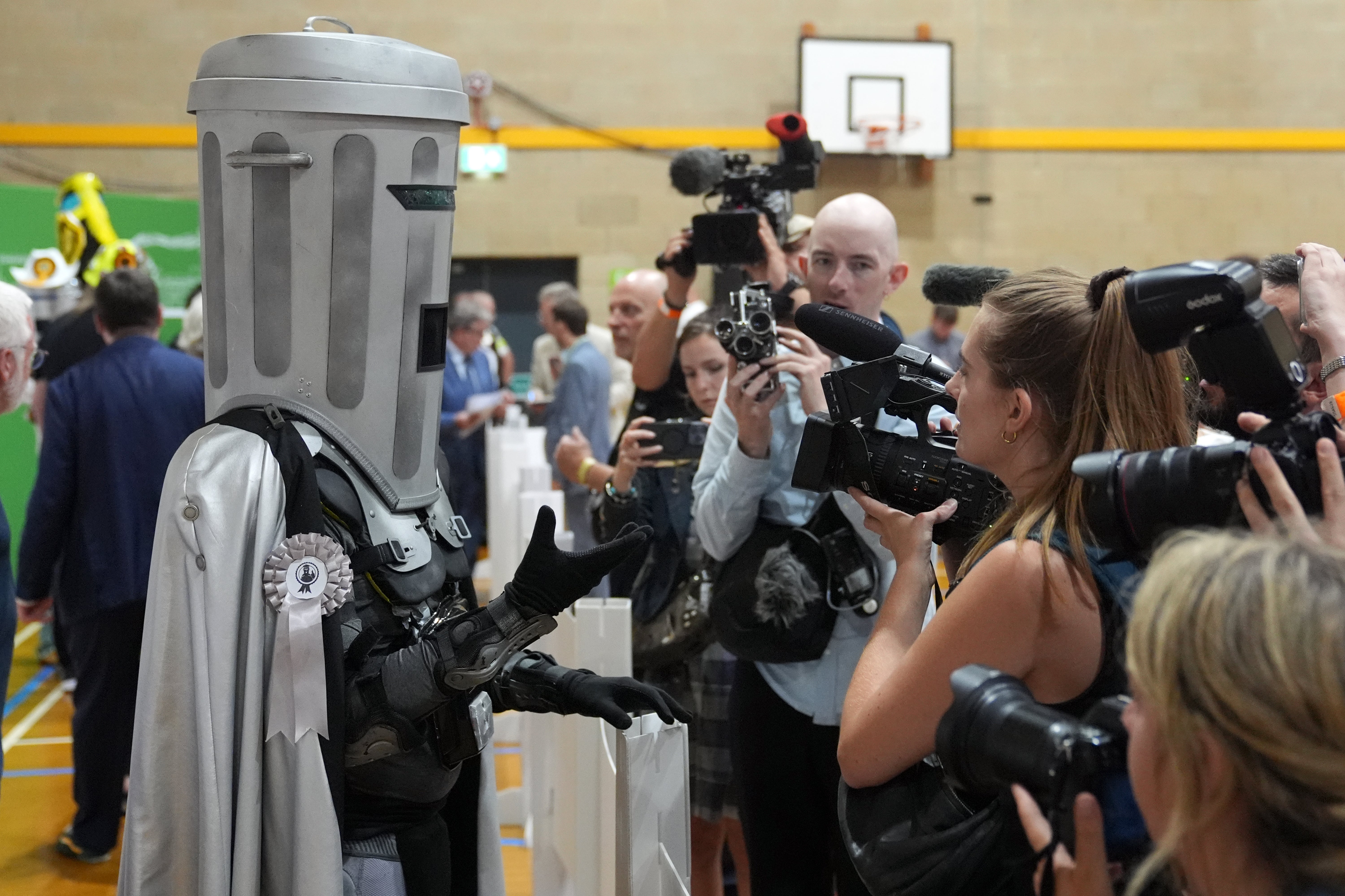 Count Binface reacts after the declaration for the Clacton by-election count at Clacton Leisure Centre in Essex (PA)