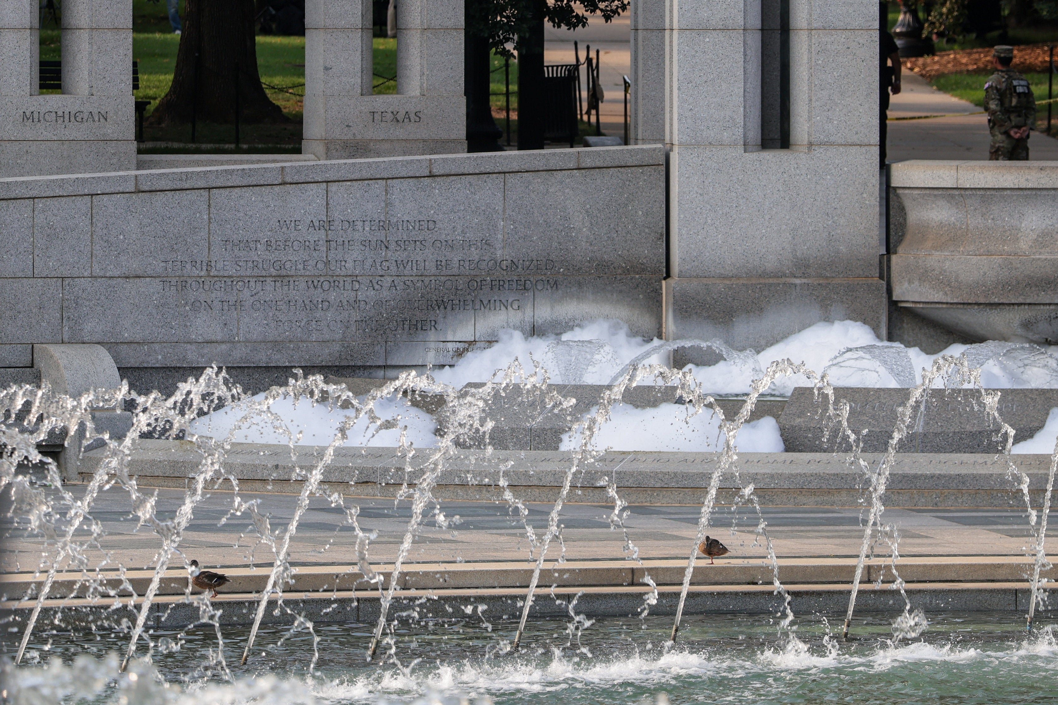 Soap at the pool of the World War II Memorial, after it was reportedly vandalized with soap and graffiti, in Washington, D.C., U.S., August 13, 2026 (Reuters)