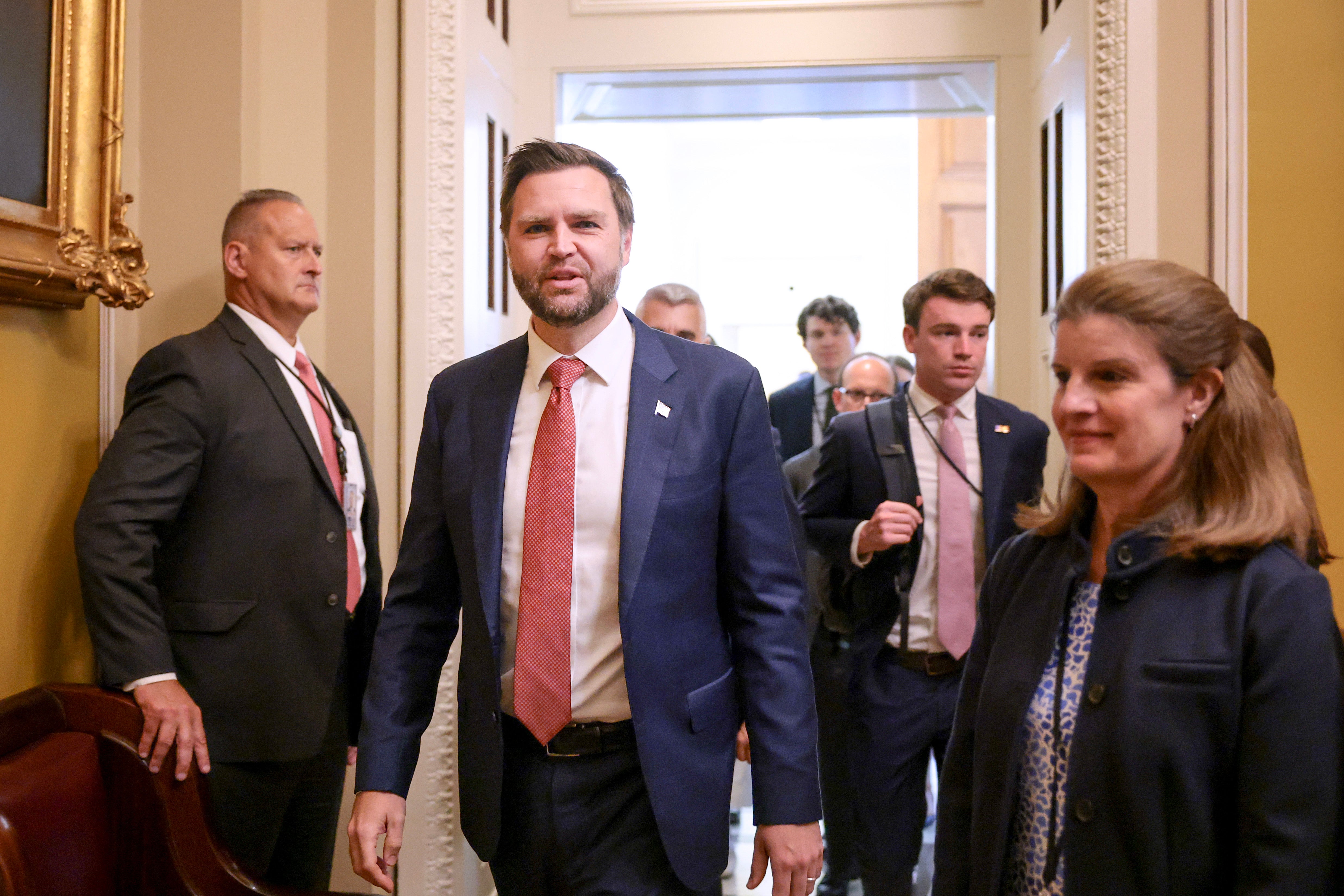 JD Vance departs from a lunch with Senate Republicans at the U.S. Capitol Building on August 6