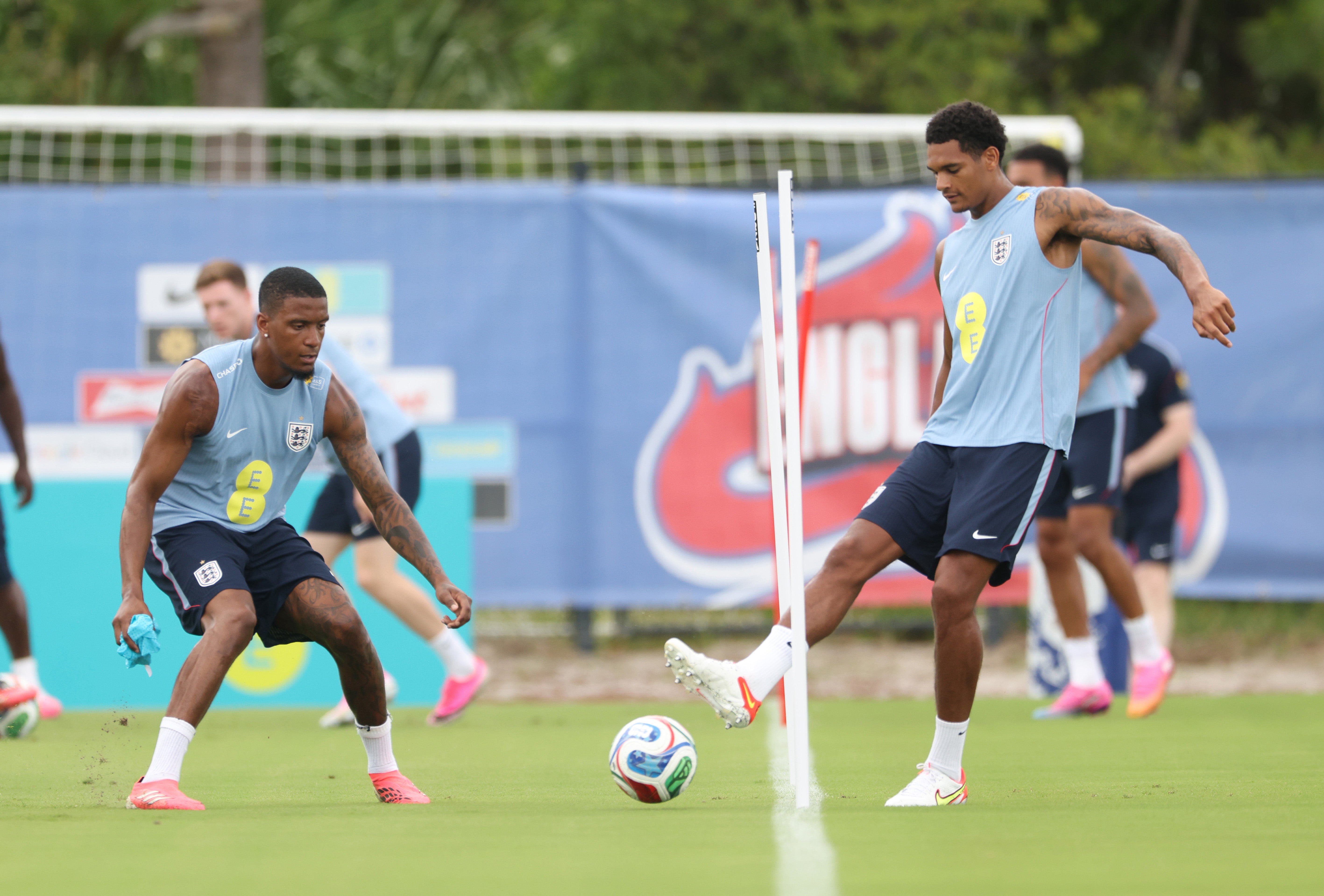 Ezri Konsa (left) and Jarell Quansah during England training at the World Cup