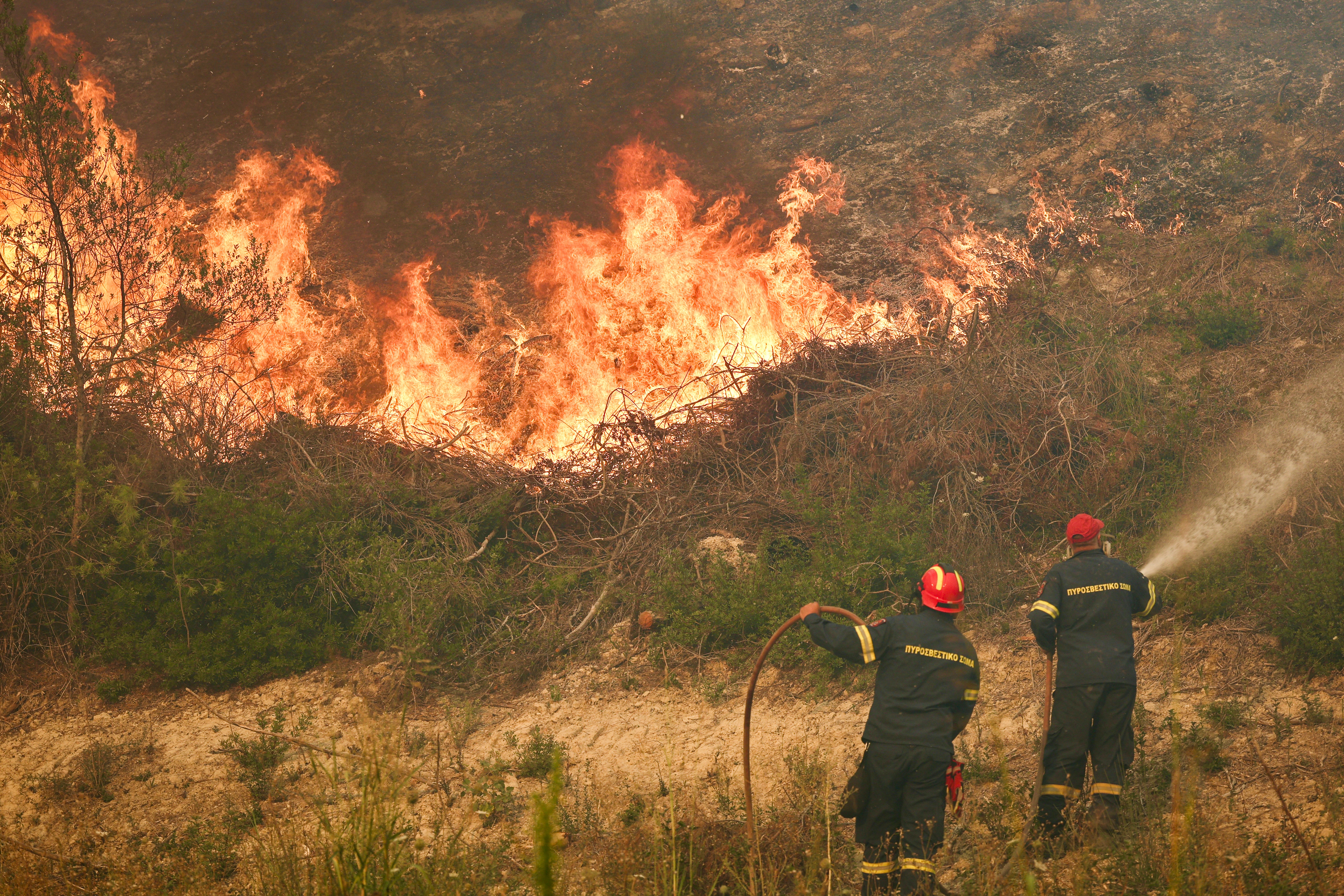 Firemen work to extinguish a wildfire near the village of Siviri, northern Greece