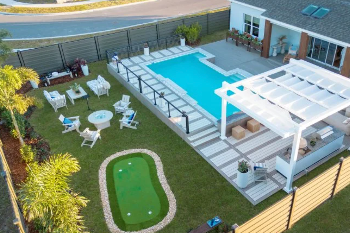 The 2026 Smart Home features a pool, putting green, and an outdoor full-range stove and grill (Sean Junqueira/HGTV)