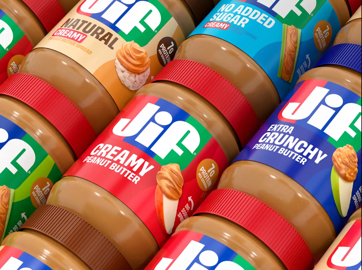 Jif’s new packaging modernizes the brand’s red, blue, and green striped logo, featuring brighter colors and clearer lettering