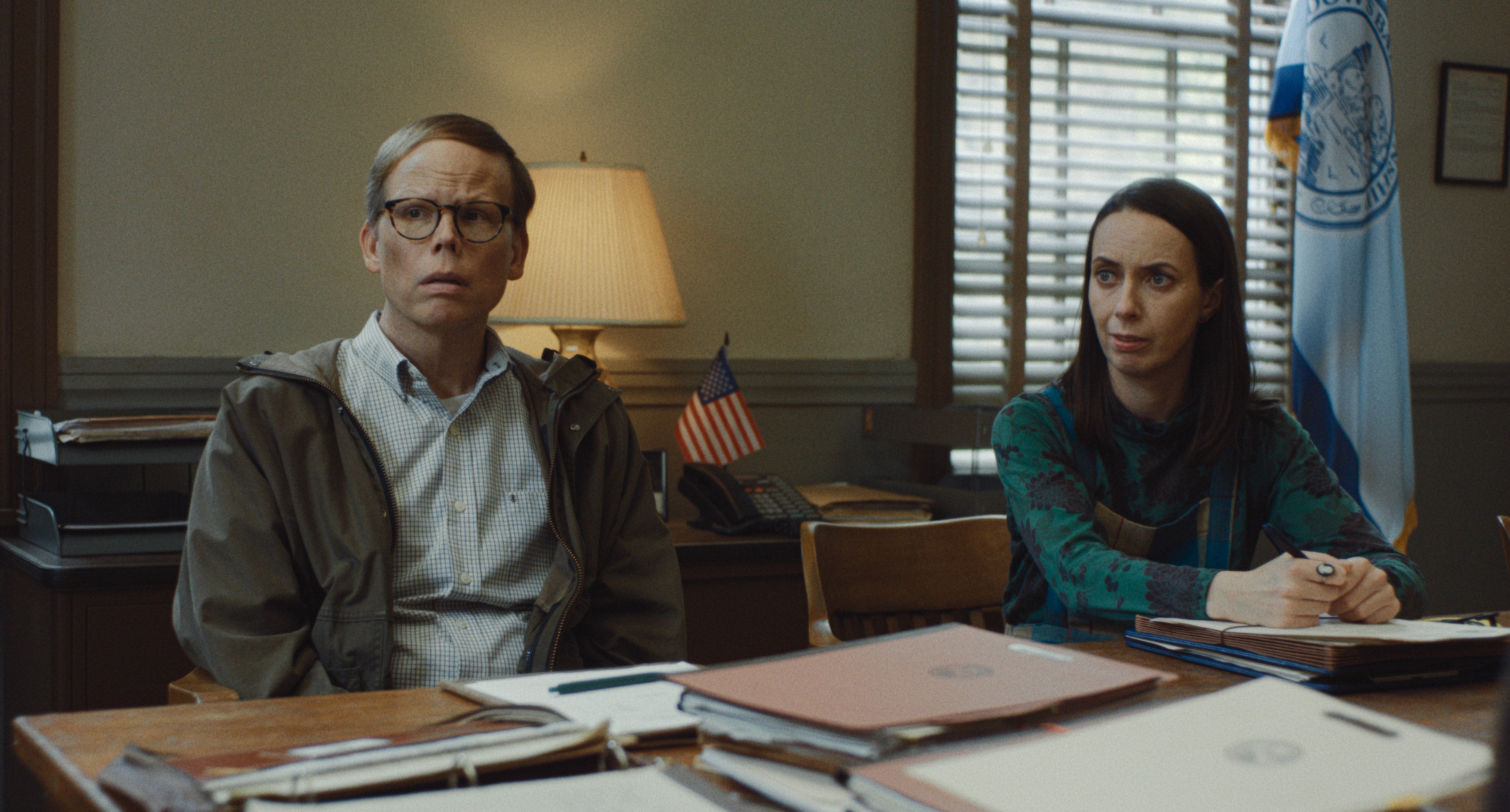 Jeff Hiller and Kate O'Flynn star in 'Widow's Bay' as part of the municipal team