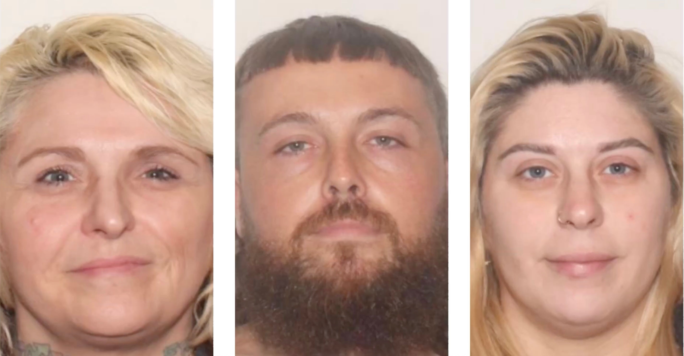 Police are on the hunt for Porsche Bancroft, 32, her boyfriend Drake Lee Milam, 33, and Bancroft's mother, Angela Garrett, 52 (right to left)