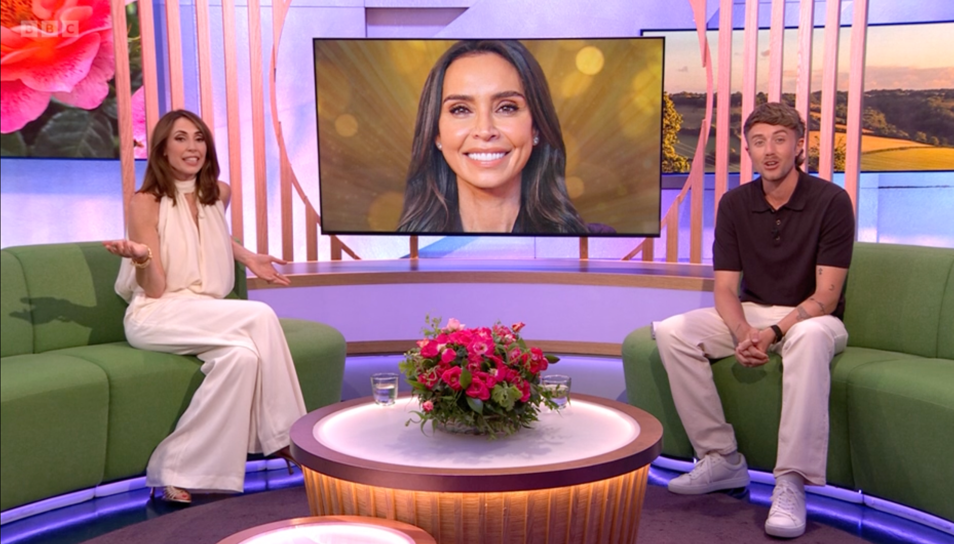 The loud alarm sounded live on air just as Kemp was outlining upcoming segments, which included the return of former host Christine Lampard to the studio (Screenshot/BBC)
