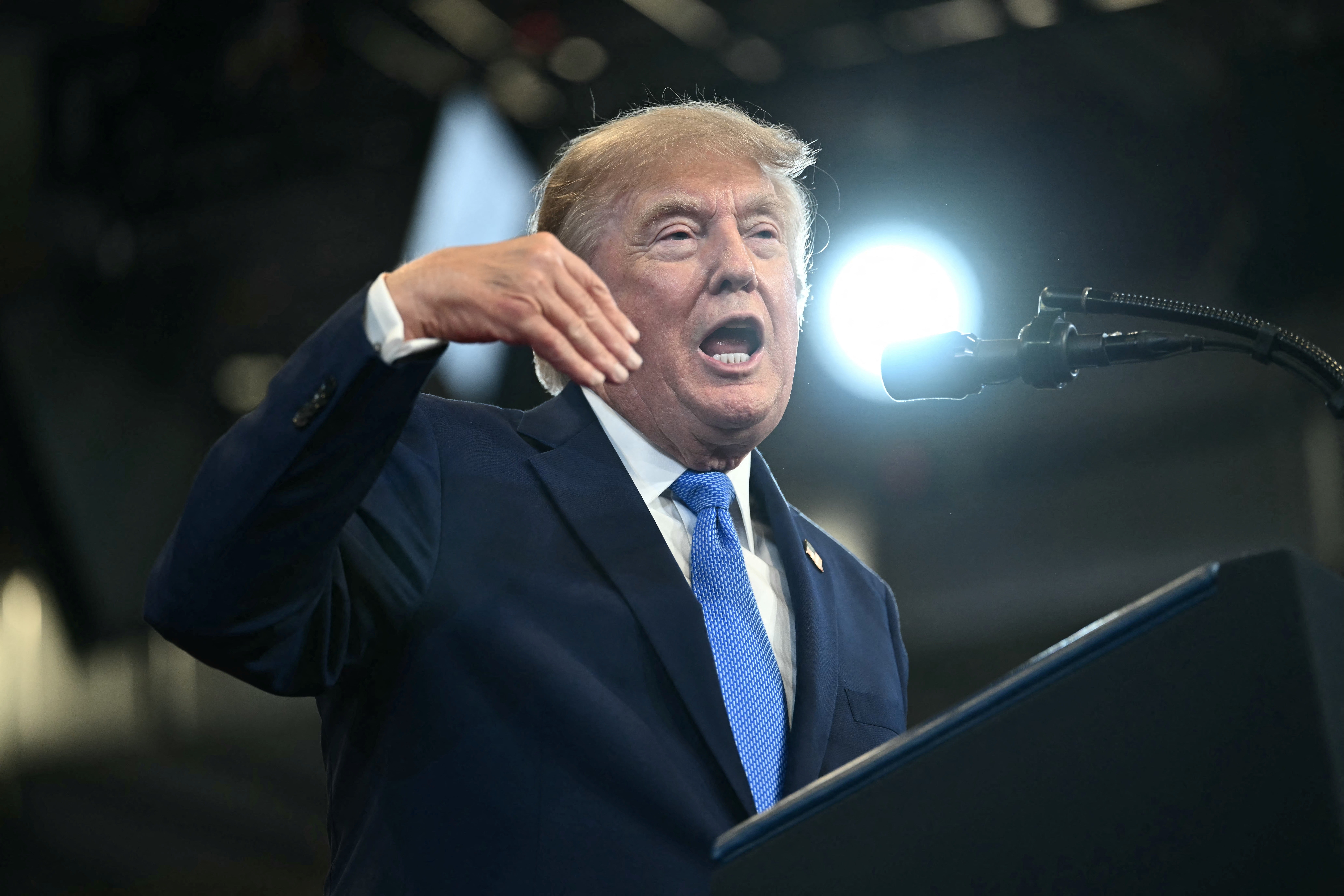 US President Donald Trump delivers remarks at the Nassau County Police Academy Center for Training and Intelligence in Garden City, New York