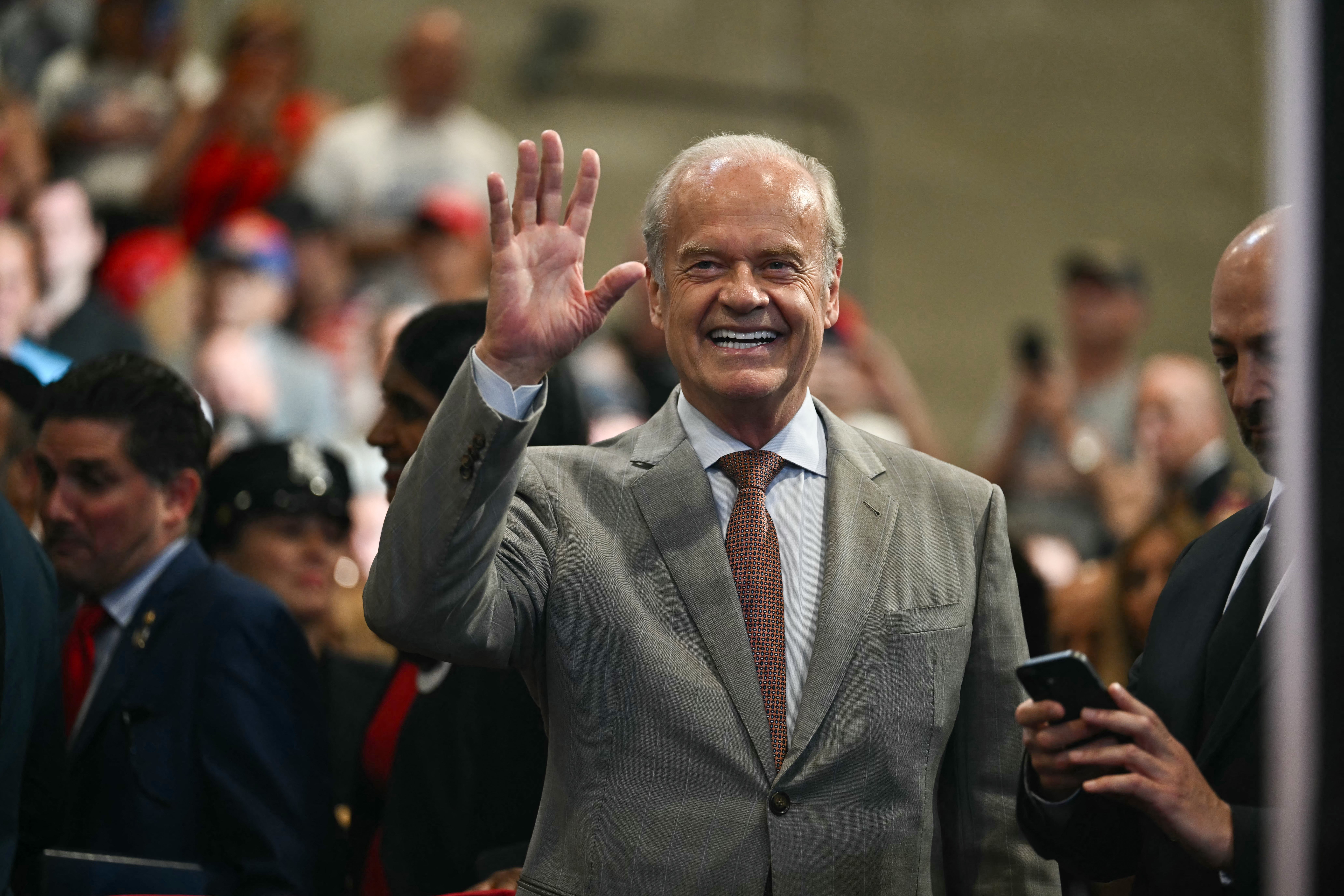 Also in attendance but not speaking at Trump’s rally in Long Island was Cheers and Fraser star Kelsey Grammer
